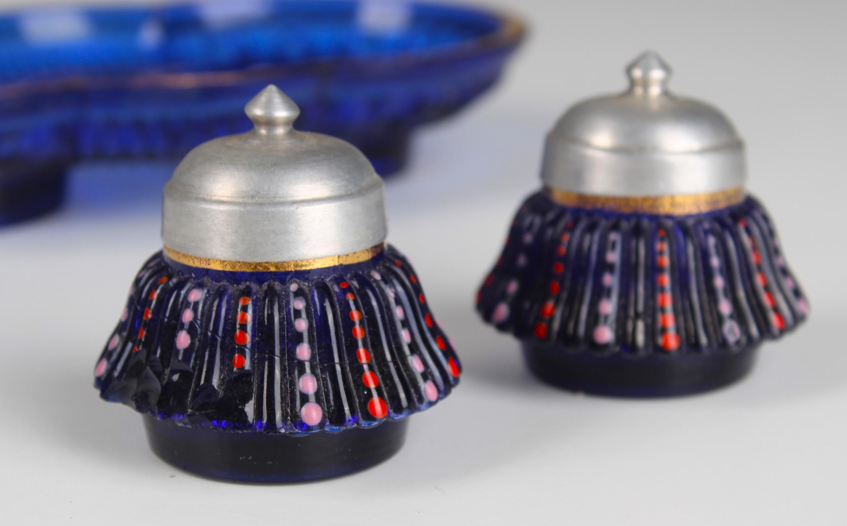 Antique Blue Glass Inkwell, Hand-Painted, France, 1930s For Sale 2
