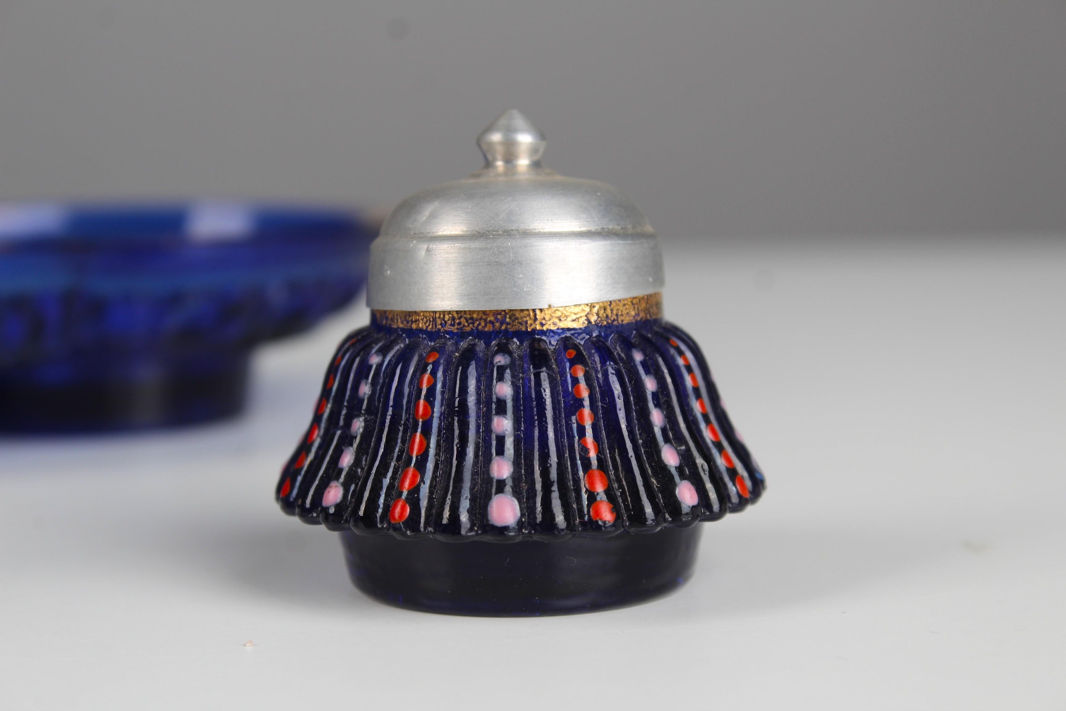 Antique Blue Glass Inkwell, Hand-Painted, France, 1930s For Sale 3