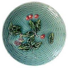 Antique Blue Green Ceramic German Basketweave Majolica Plate, Zell Baden, 1900s