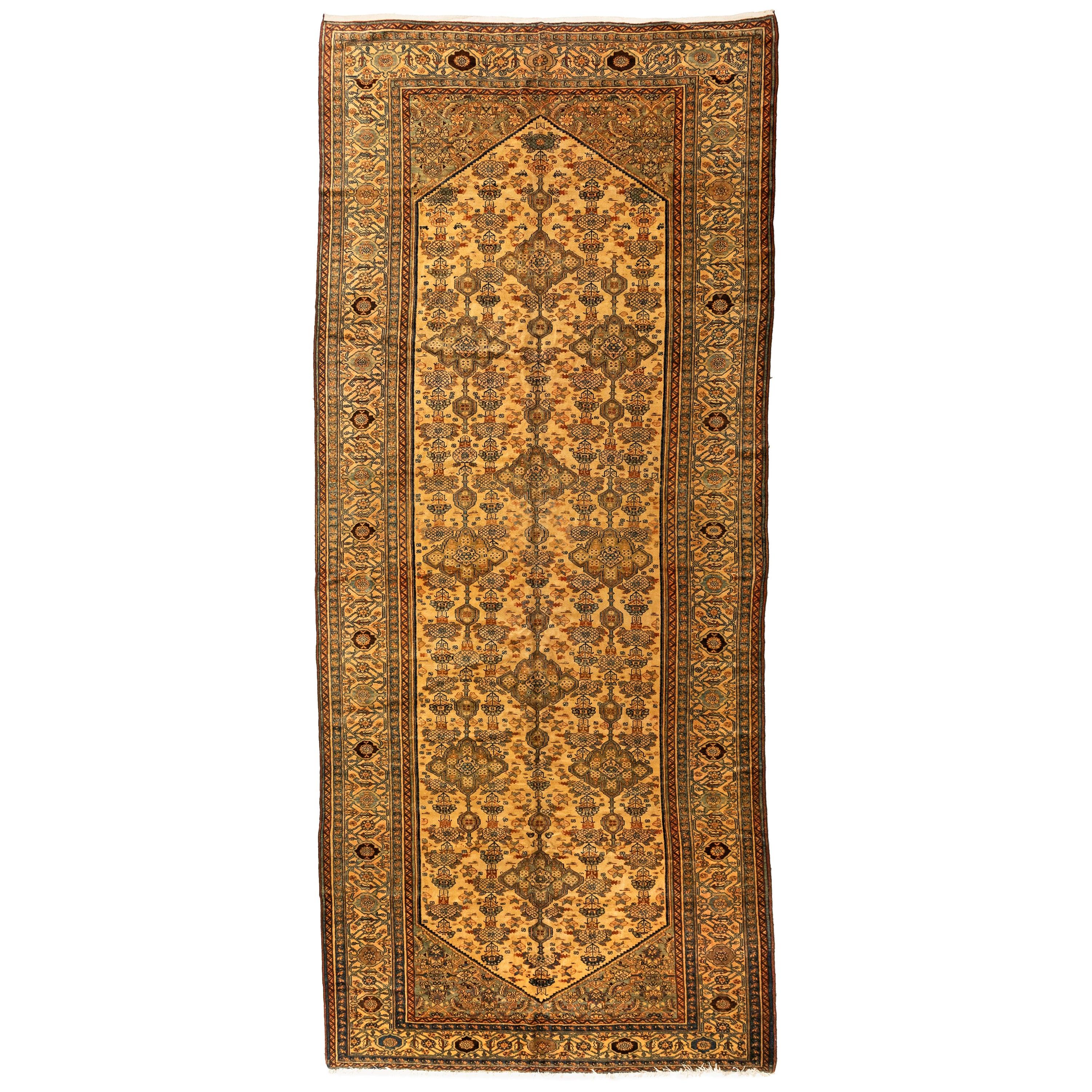 Antique Blue Green Mustard Gold Persian Geometric Malayer Rug, circa 1910-1920s