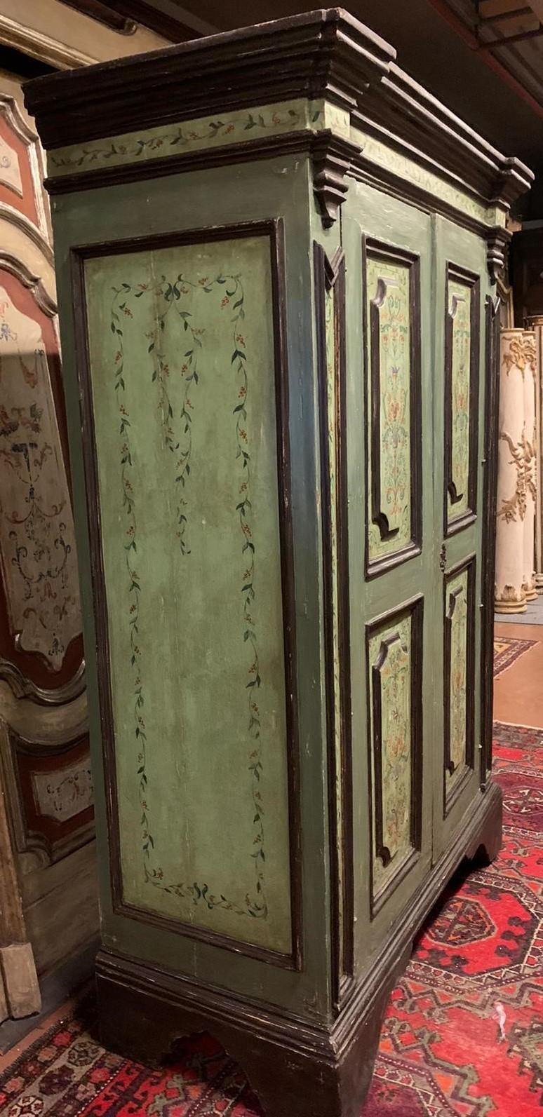 Hand-Carved Antique Blue / Green Painted Double Door Wardrobe Cabinets, 18th Century, Italy