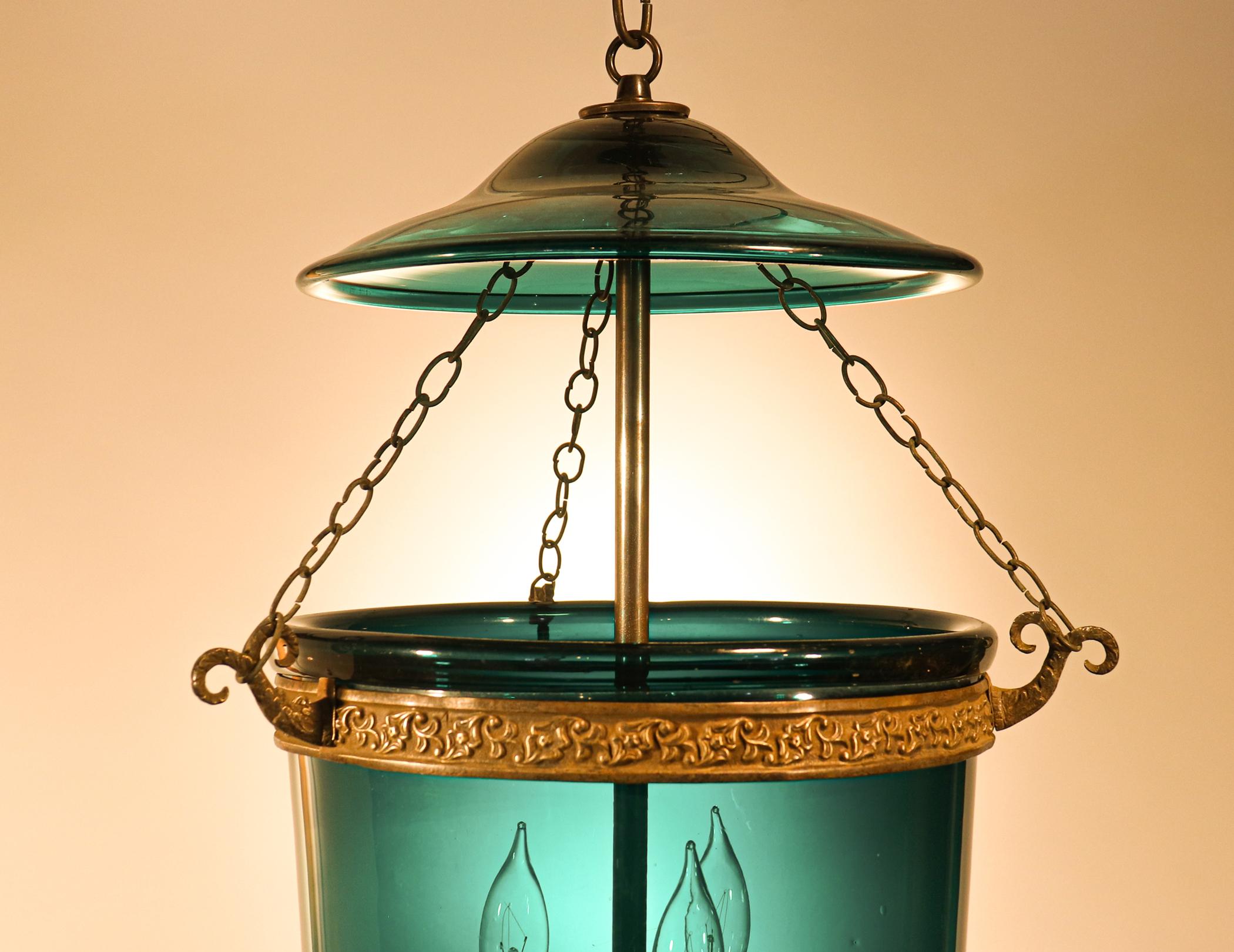 Antique Blue Green Teal Bell Jar Lantern In Good Condition In Heath, MA