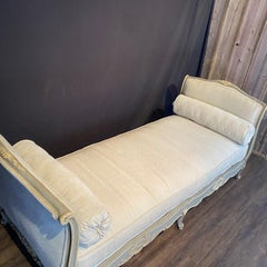 Antique Blue Grey Louis XV French Daybed with Original Paint and New Upholstery