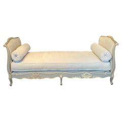 Antique Blue Grey Louis XV French Daybed with Original Paint and New Upholstery