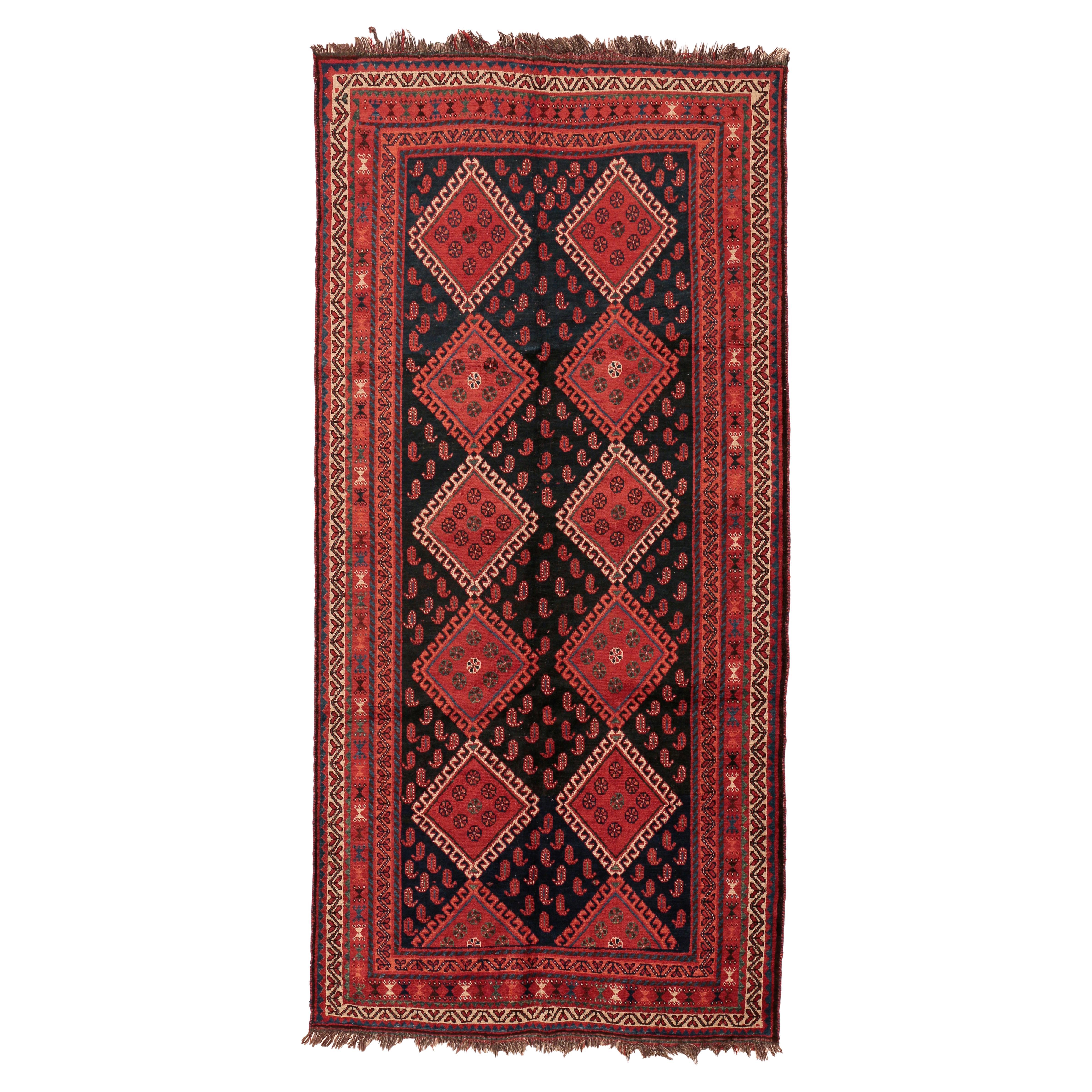 Alfombra larga kurda kazaka de fondo azul antiguo en venta