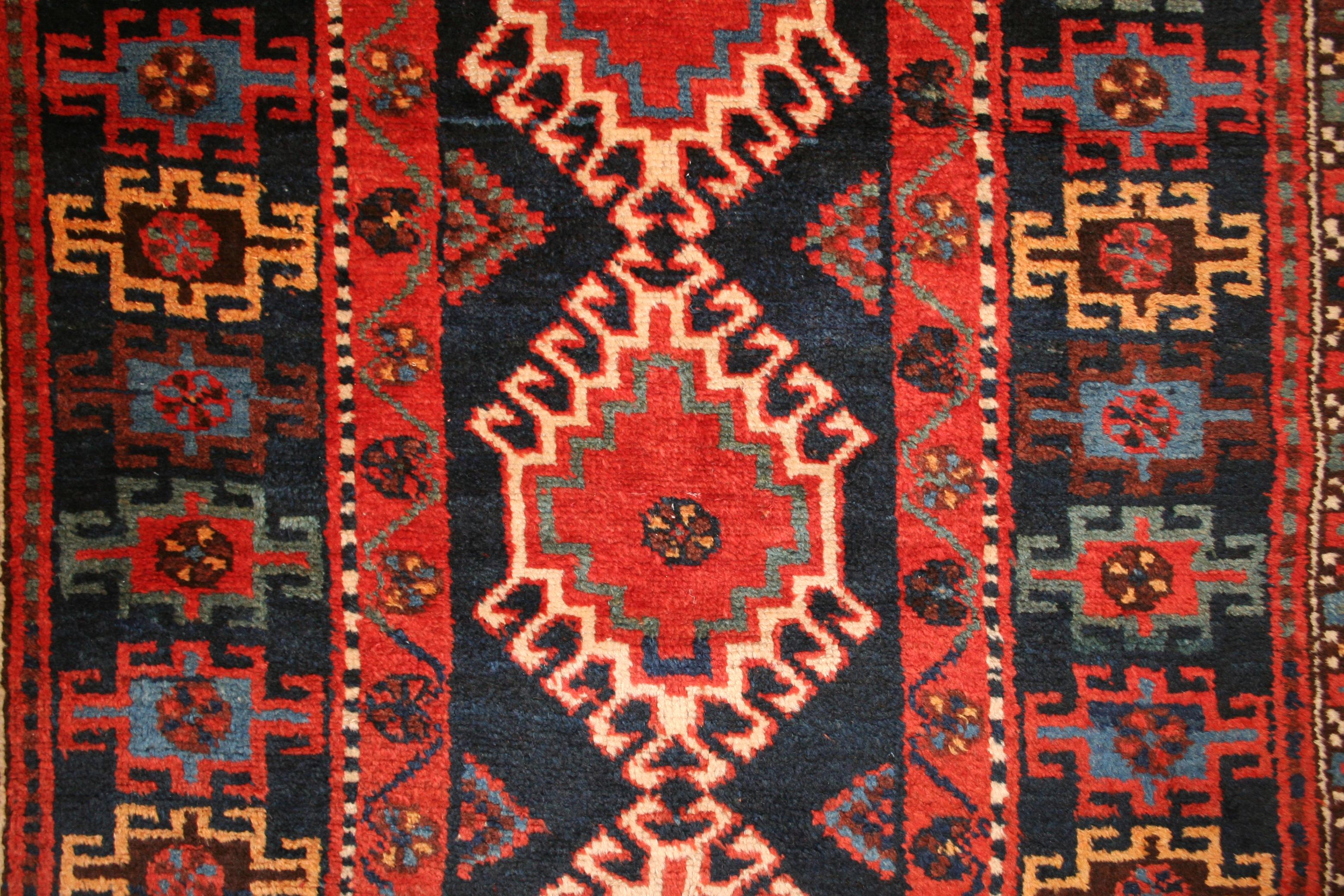 Caucasian Antique Blue Ground Kurdish Kazak Rug with Wide Geometric Border For Sale
