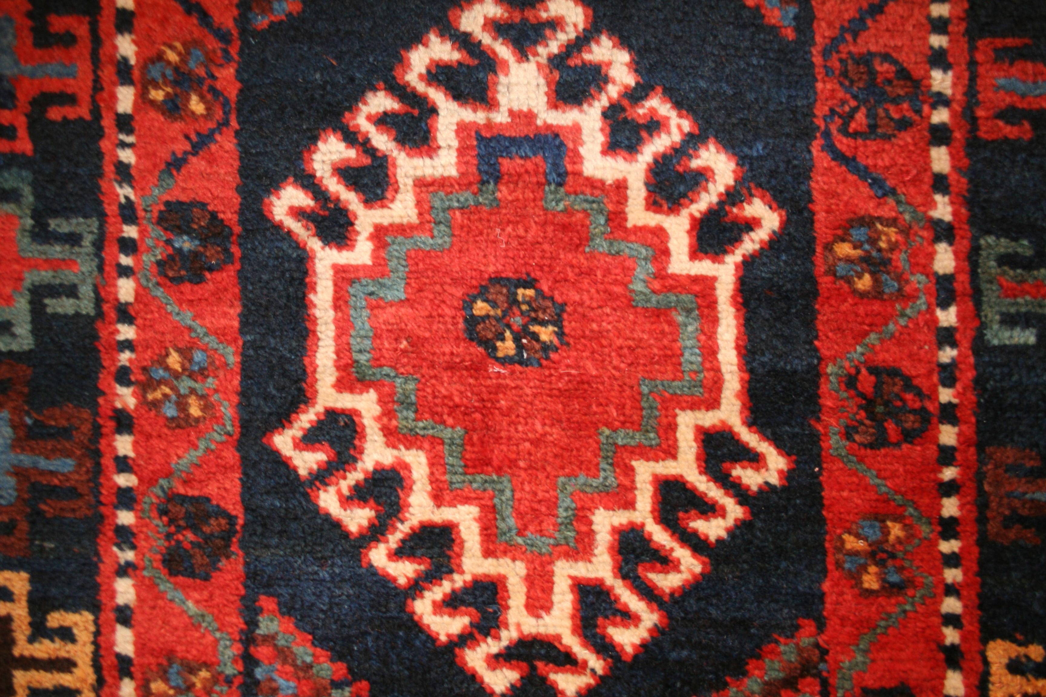 Hand-Knotted Antique Blue Ground Kurdish Kazak Rug with Wide Geometric Border For Sale