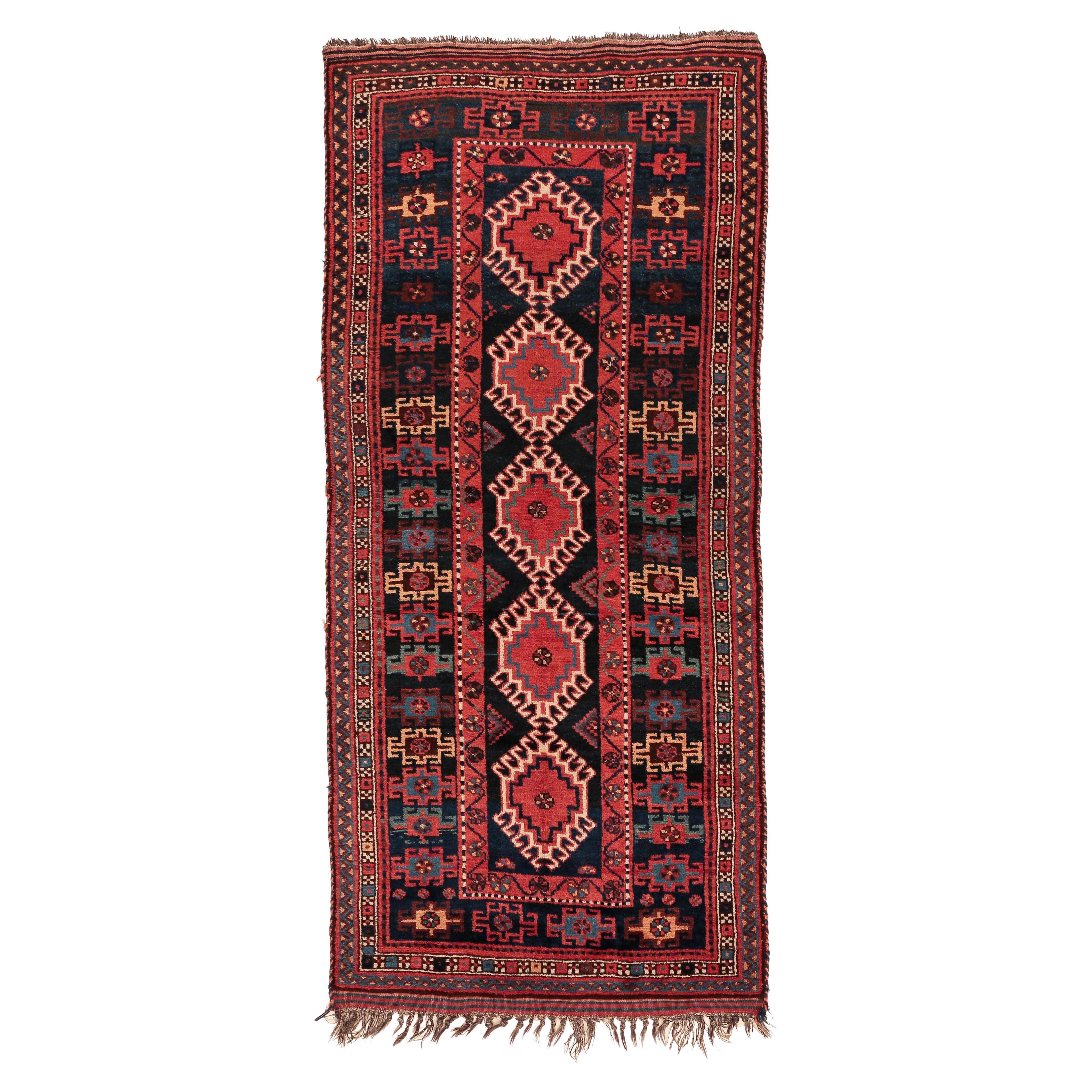 Antique Blue Ground Kurdish Kazak Rug with Wide Geometric Border For Sale
