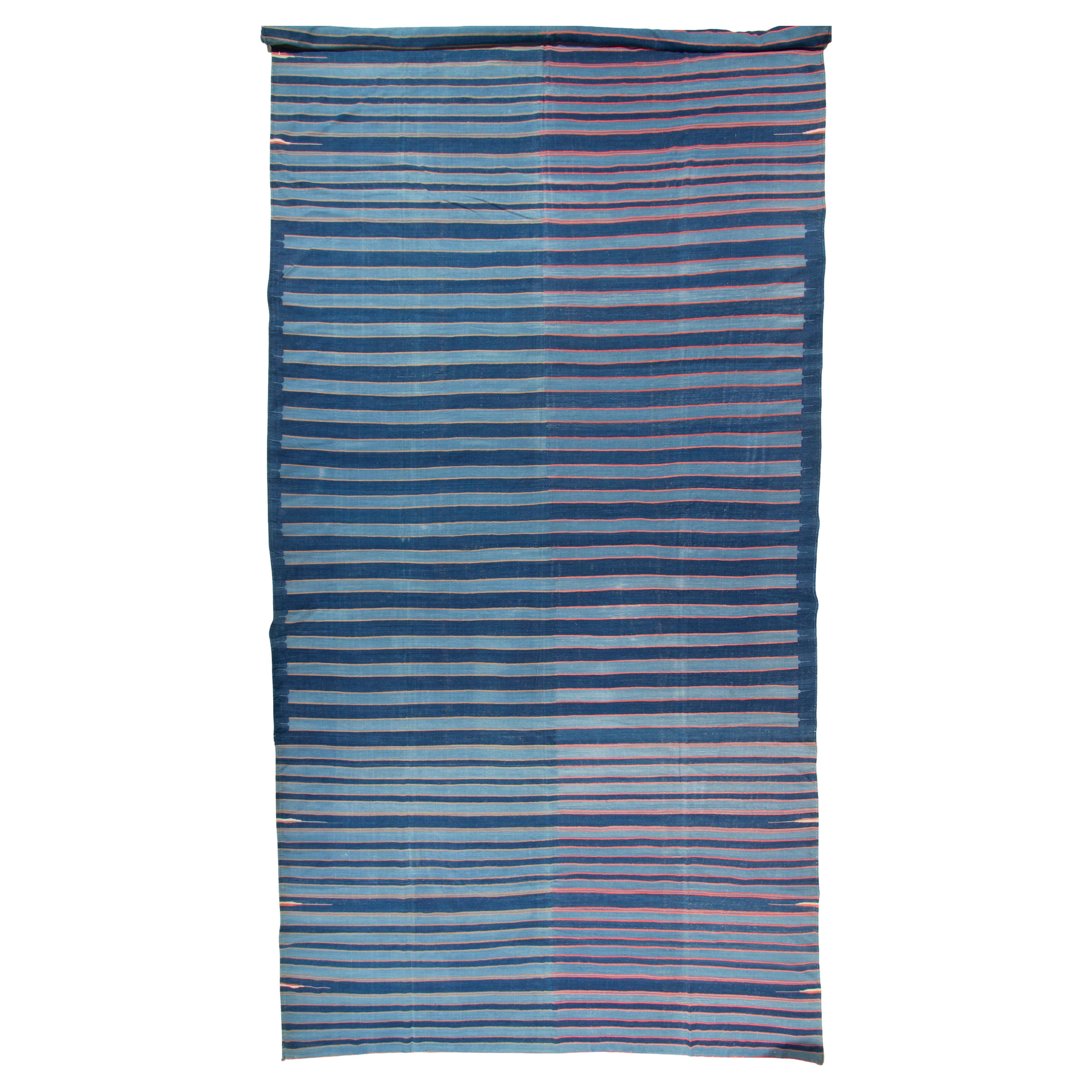 Tappeto Dhurrie indiano blu antico 11'6 X 22'
