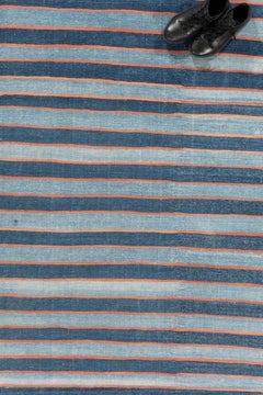 Antique Hand-Woven Blue Indian Dhurrie Rug, 12'1 x 23'10 , Striped Design, 1900