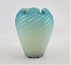 Antique Blue Iridescent Art Glass Vase with Ribbon Swirls & Crimped Top