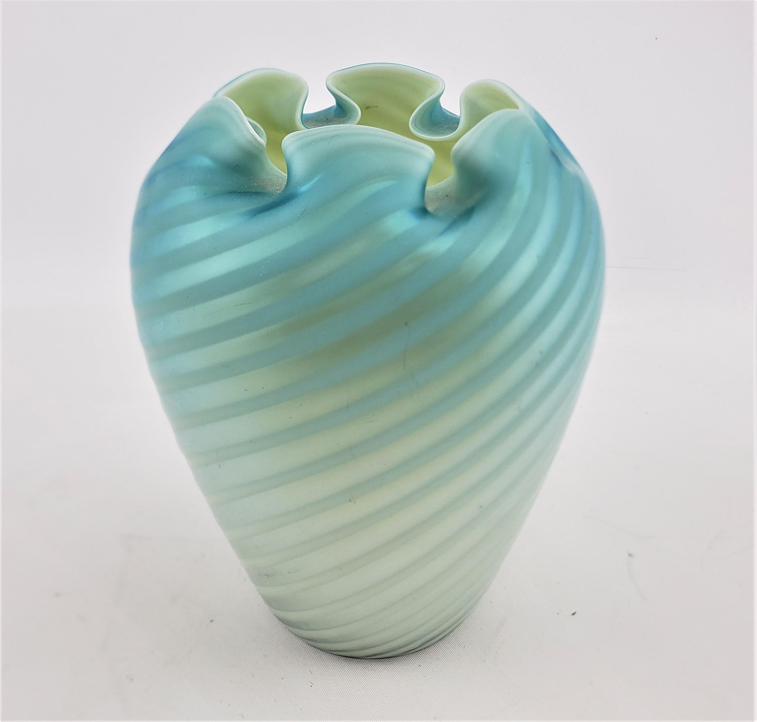 Victorian Antique Blue Iridescent Art Glass Vase with Ribbon Swirls & Crimped Top For Sale