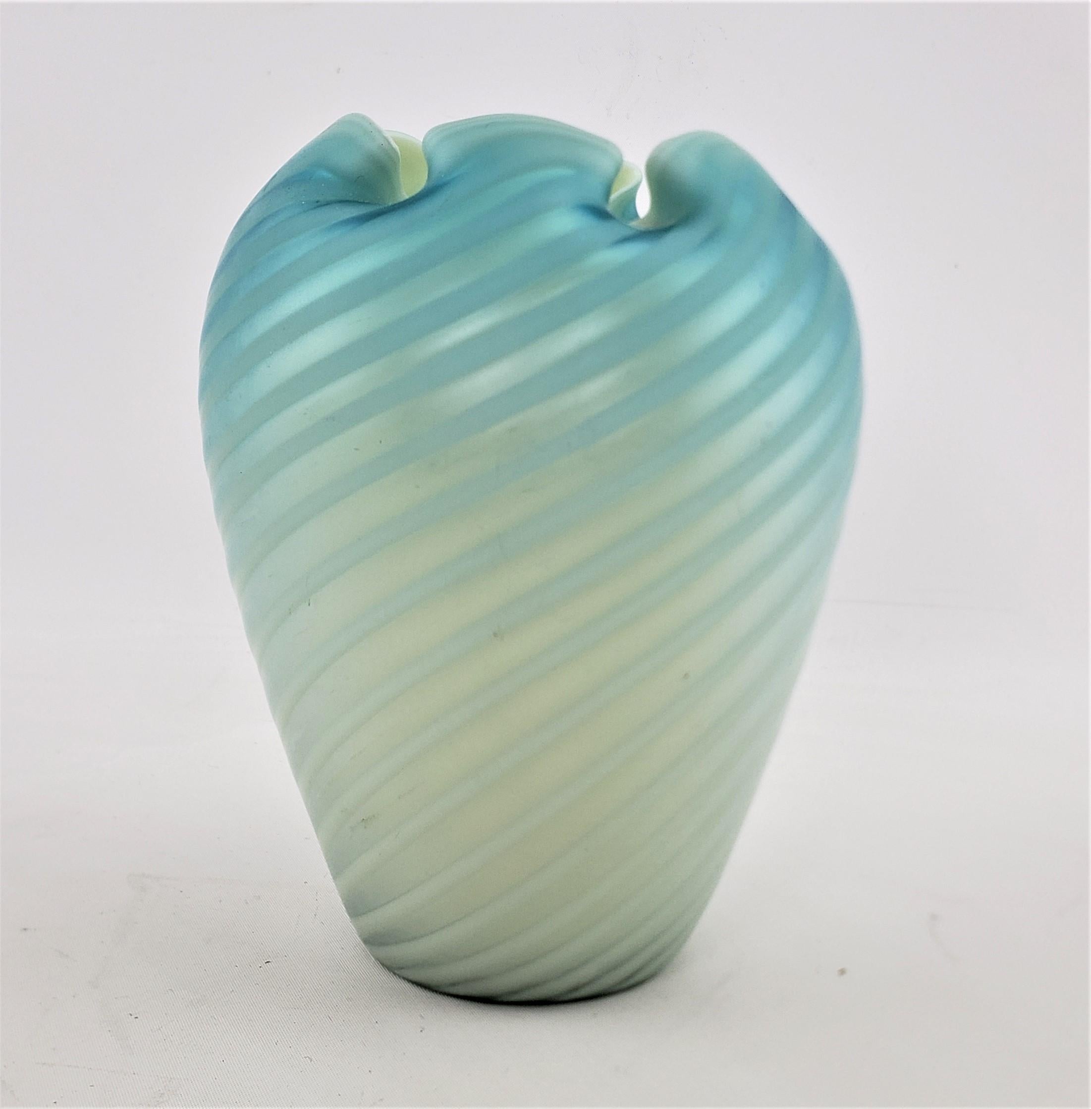 American Antique Blue Iridescent Art Glass Vase with Ribbon Swirls & Crimped Top For Sale