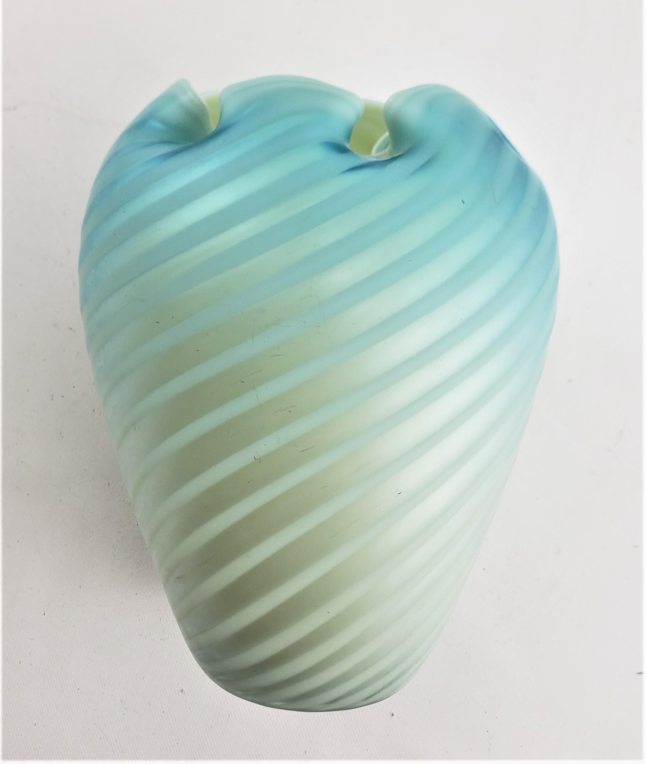 Antique Blue Iridescent Art Glass Vase with Ribbon Swirls & Crimped Top In Good Condition For Sale In Hamilton, Ontario