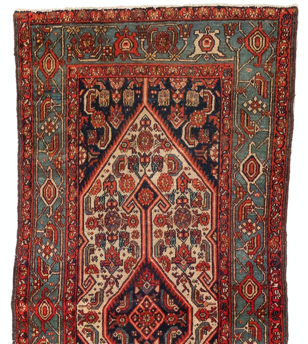 Persian Antique Blue Ivory Red Geometric Bibi Runner Rug, circa 1930s For Sale