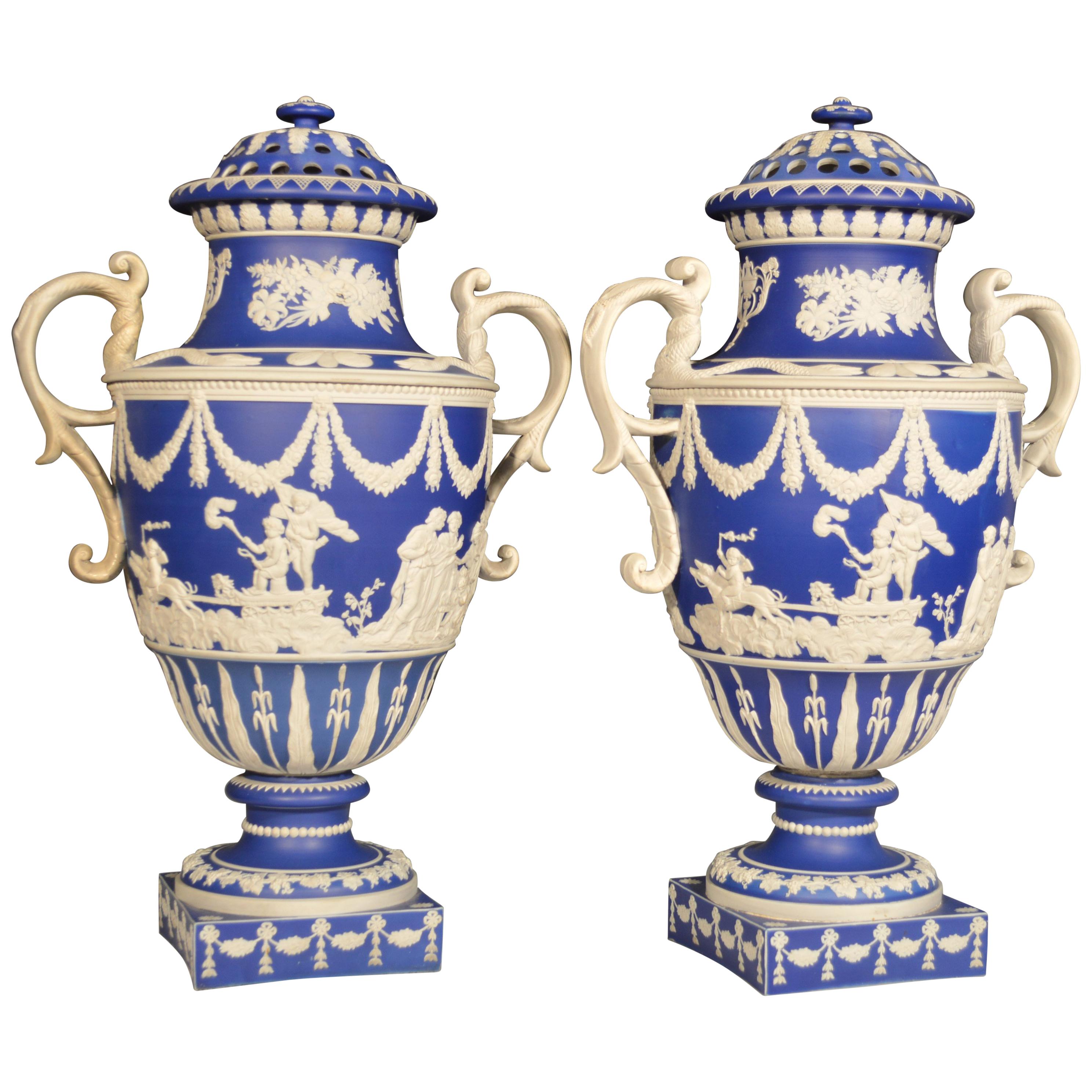 Antique Blue Jasper Dipped Sprigged Stoneware Vases 
Covers