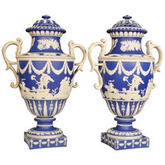 Antique Blue Jasper Dipped Sprigged Stoneware Vases & Covers