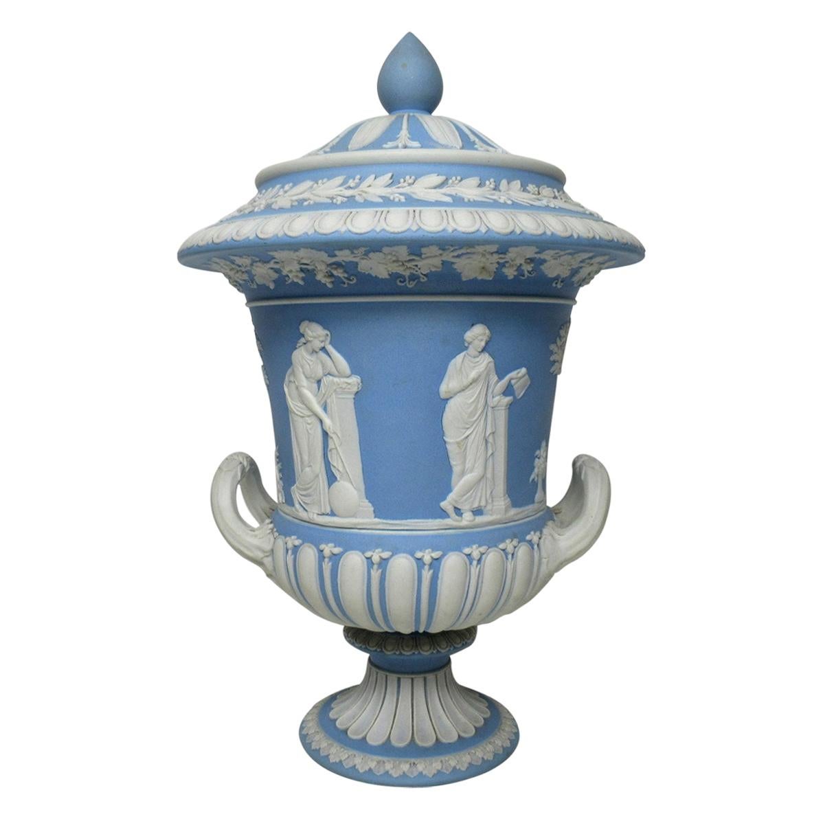 Antique Blue Josiah Wedgewood Jasperware Urn Vase Mythological Scene, 1890-1908