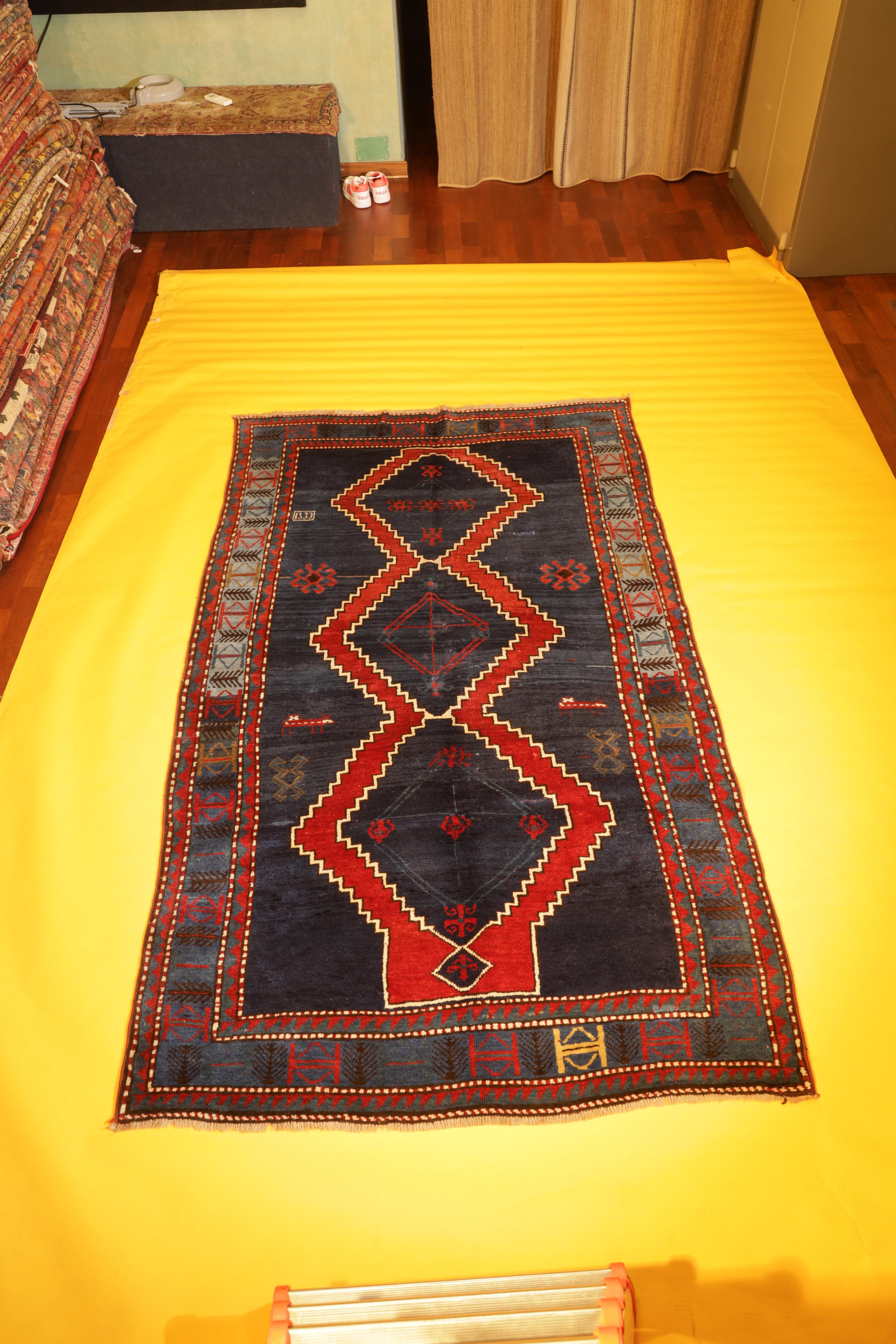 Antique Blue Kazak Rugs Geometric Caucasian Carpet Area Living Room Rugs Decor For Sale 4
