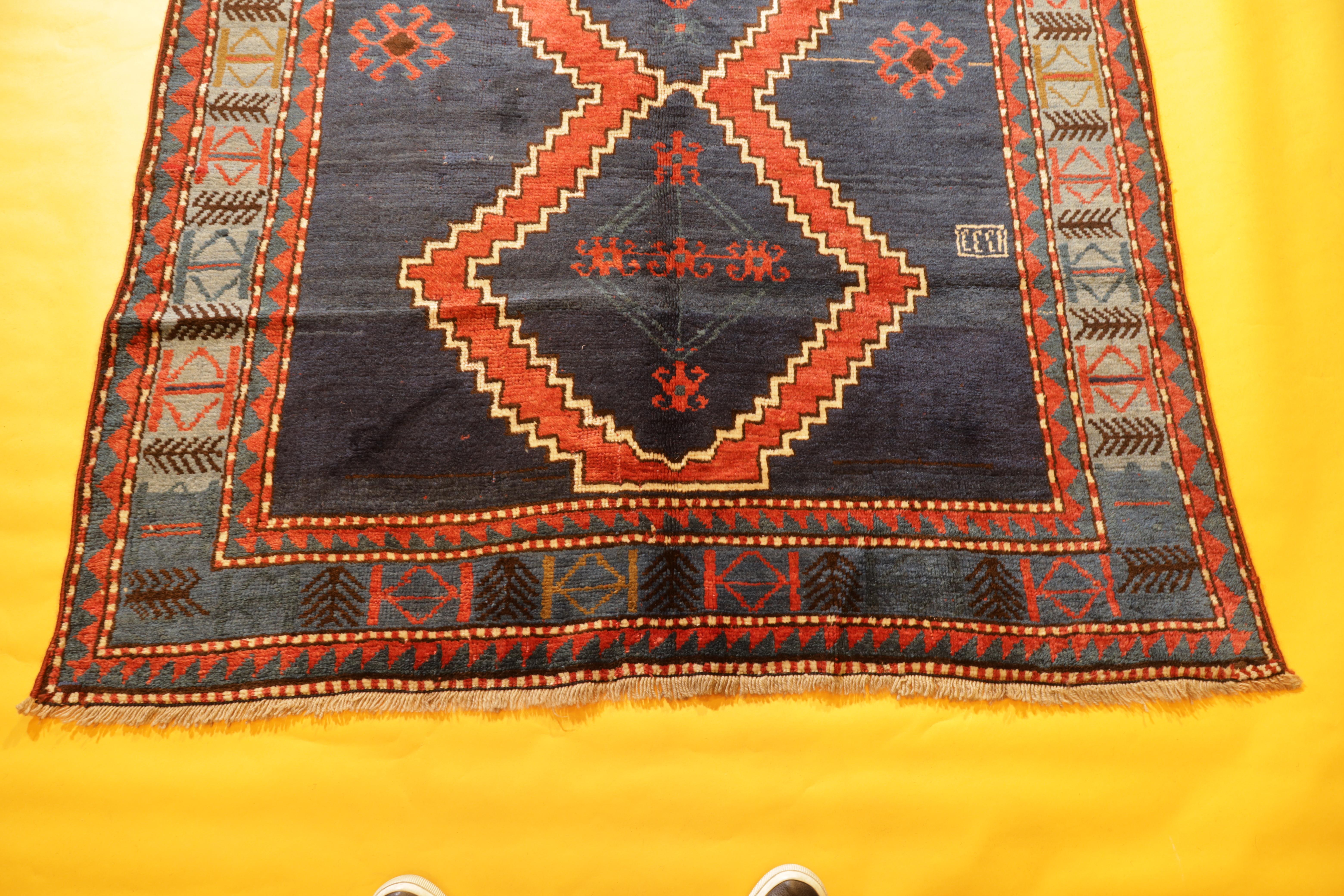 Antique Blue Kazak Rugs Geometric Caucasian Carpet Area Living Room Rugs Decor In Excellent Condition For Sale In Wembley, GB