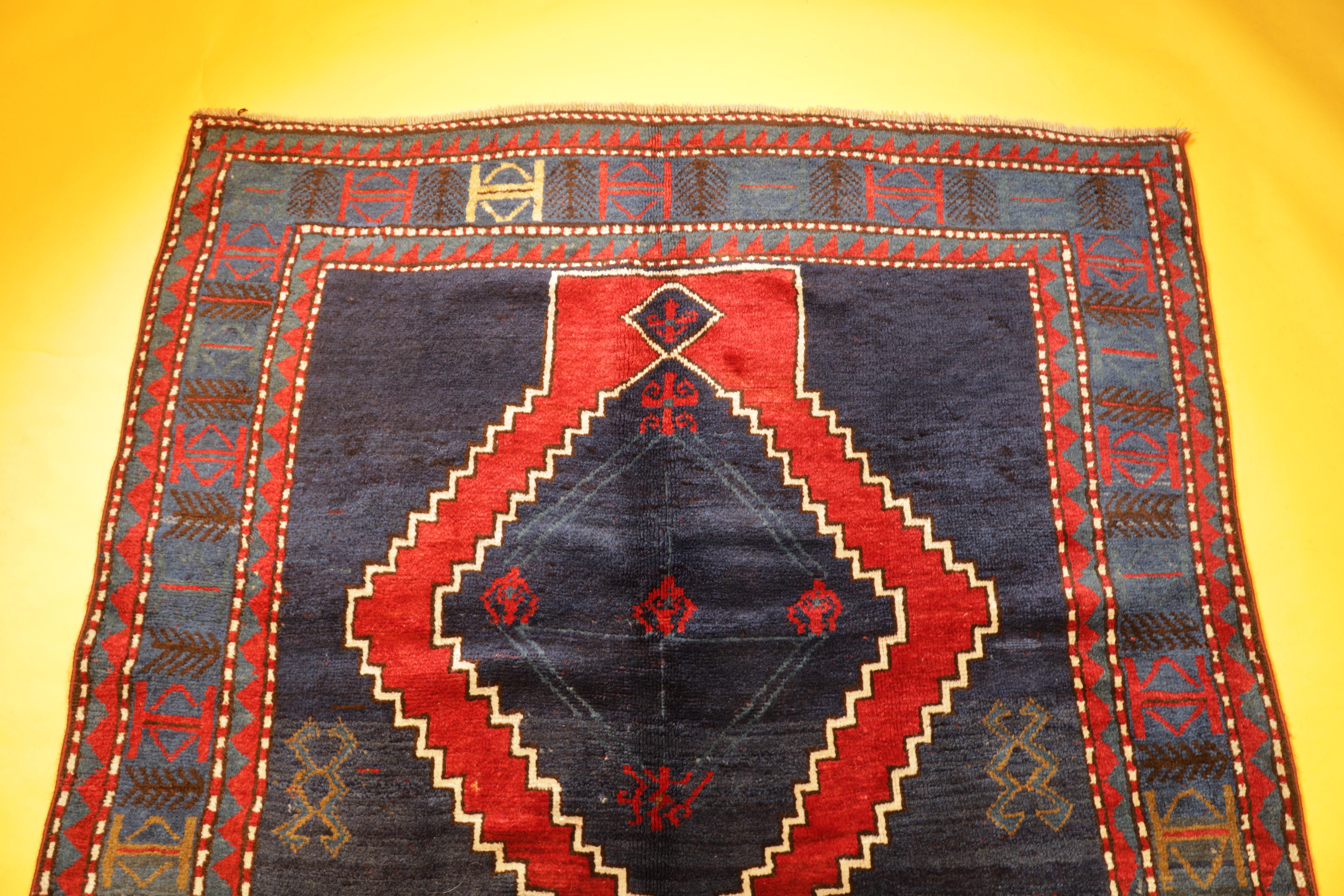 19th Century Antique Blue Kazak Rugs Geometric Caucasian Carpet Area Living Room Rugs Decor For Sale