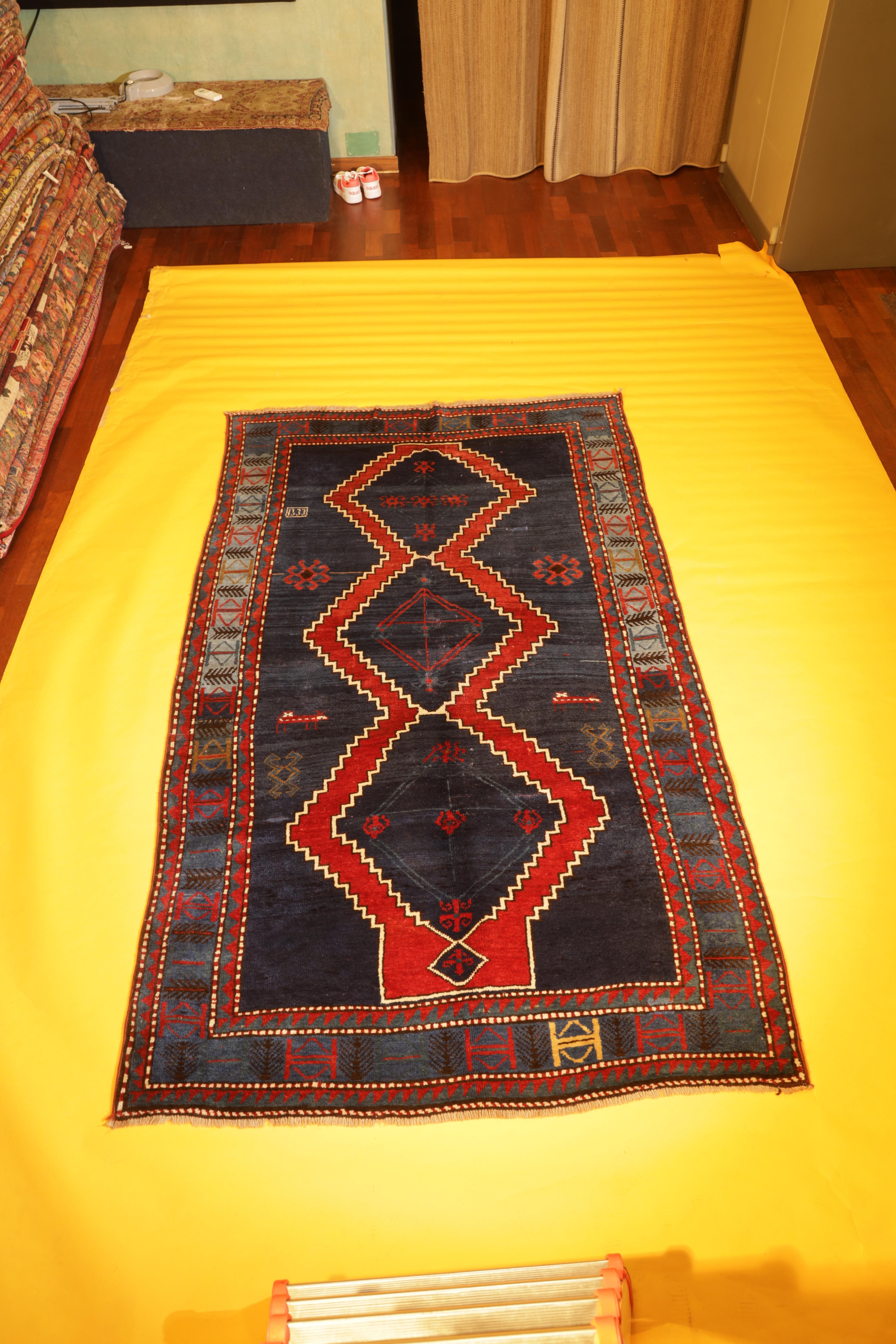 Antique Blue Kazak Rugs Geometric Caucasian Carpet Area Living Room Rugs Decor For Sale 1