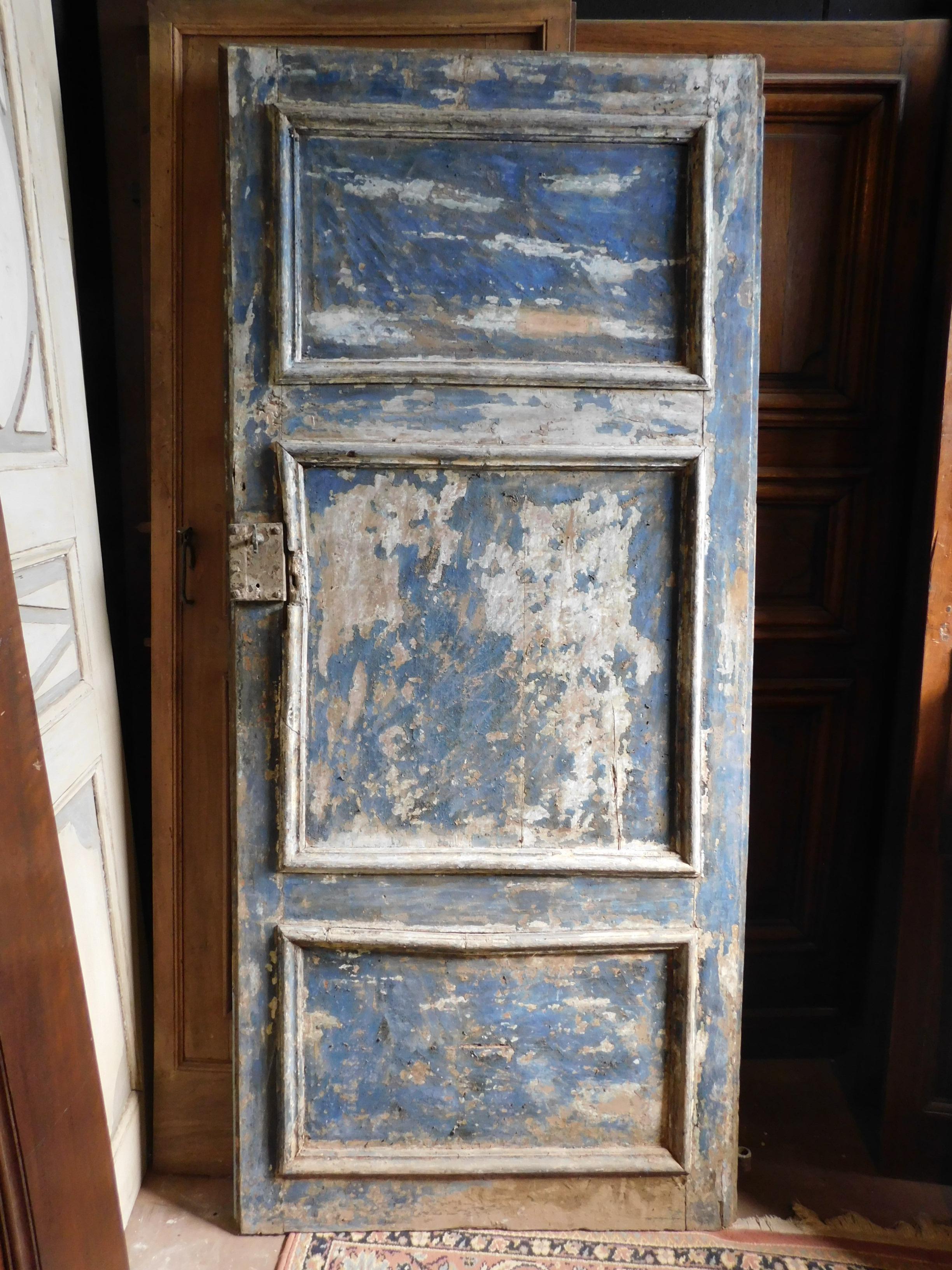 Antique Blue Lacquered Door with Three Carved Panels, 18th Century, Italy 4