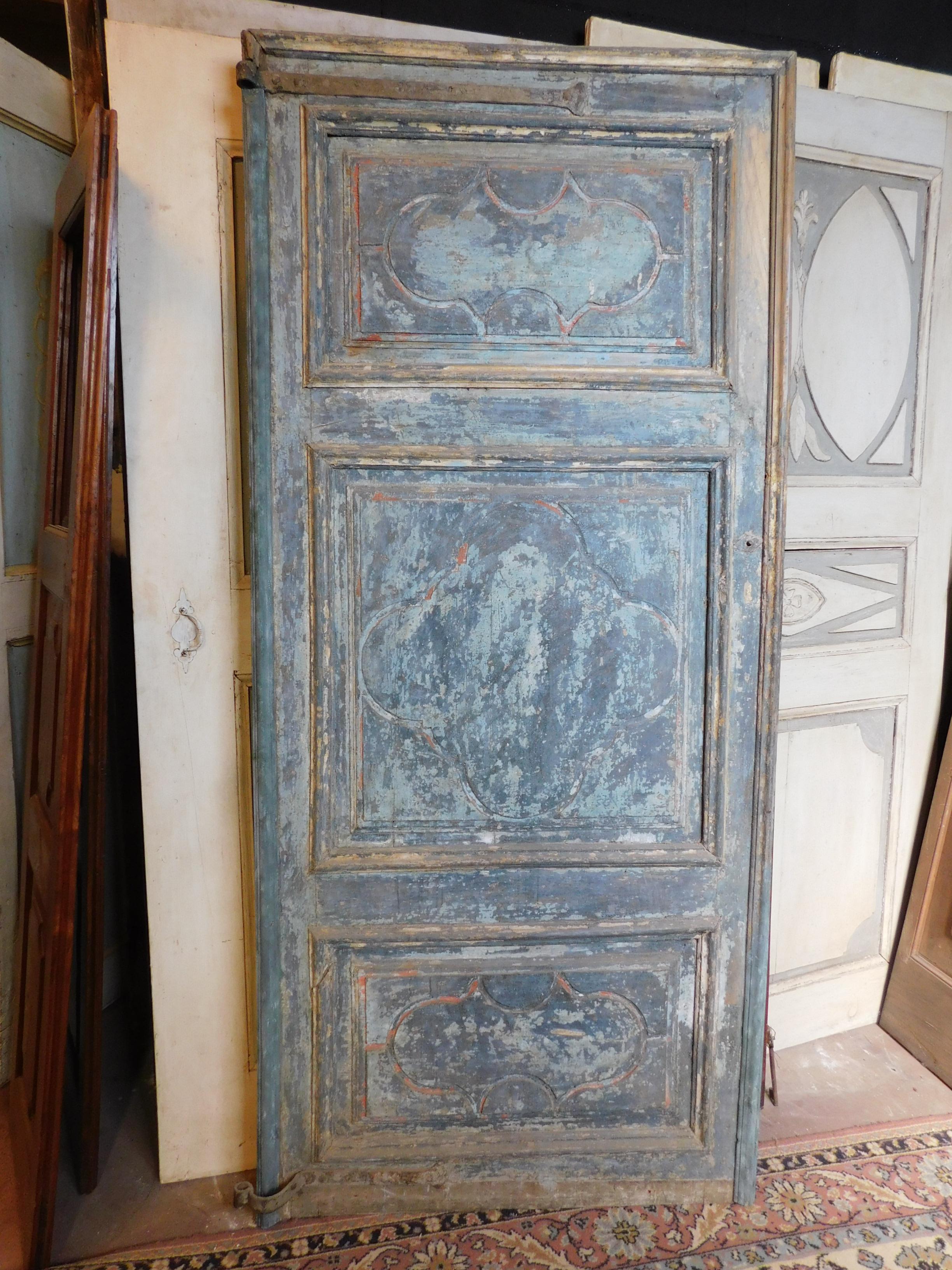 Italian Antique Blue Lacquered Door with Three Carved Panels, 18th Century, Italy