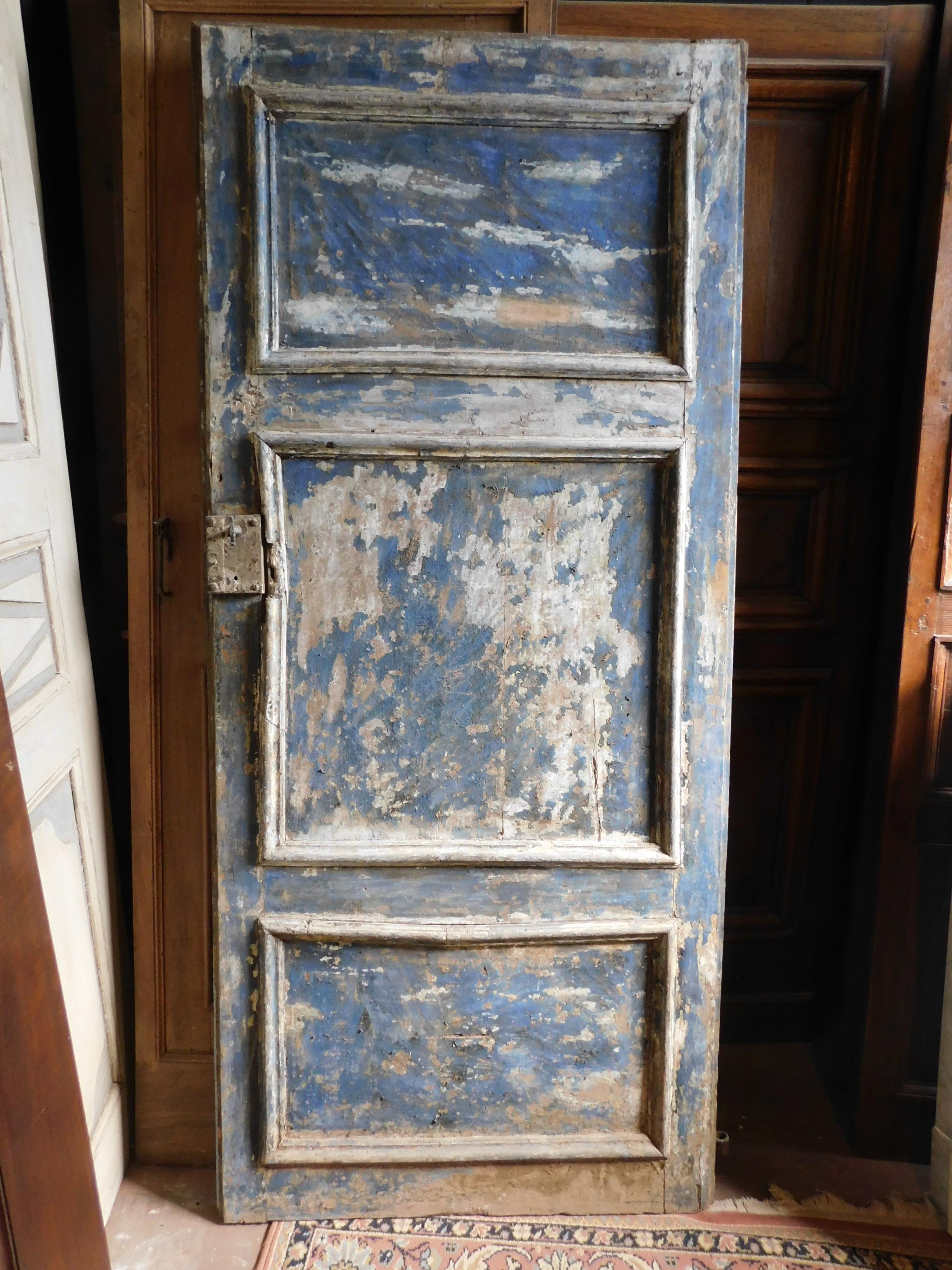 Antique Blue Lacquered Door with Three Carved Panels, 18th Century, Italy 3