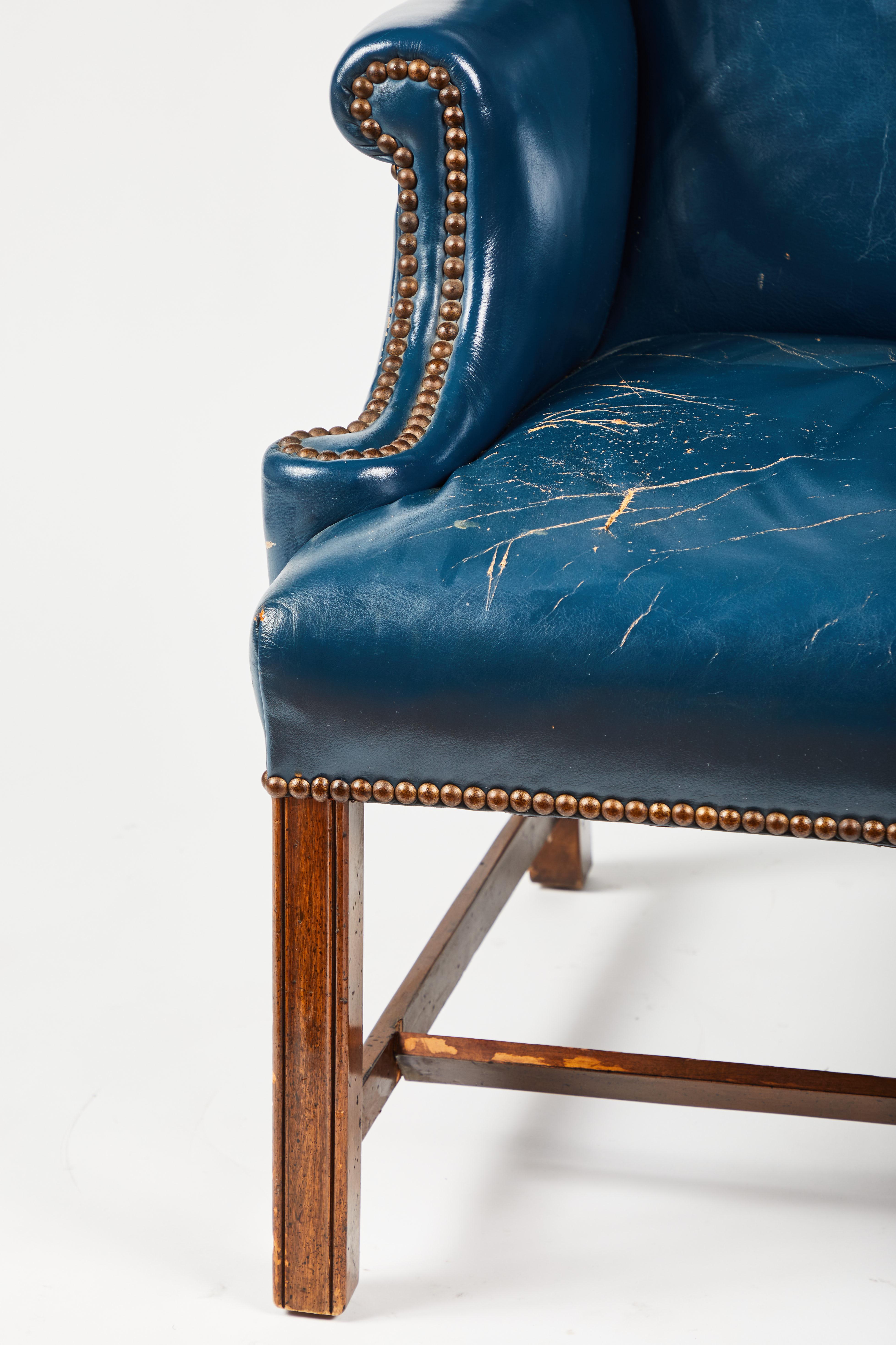 Metal Antique Blue Leather Wingback Chair For Sale