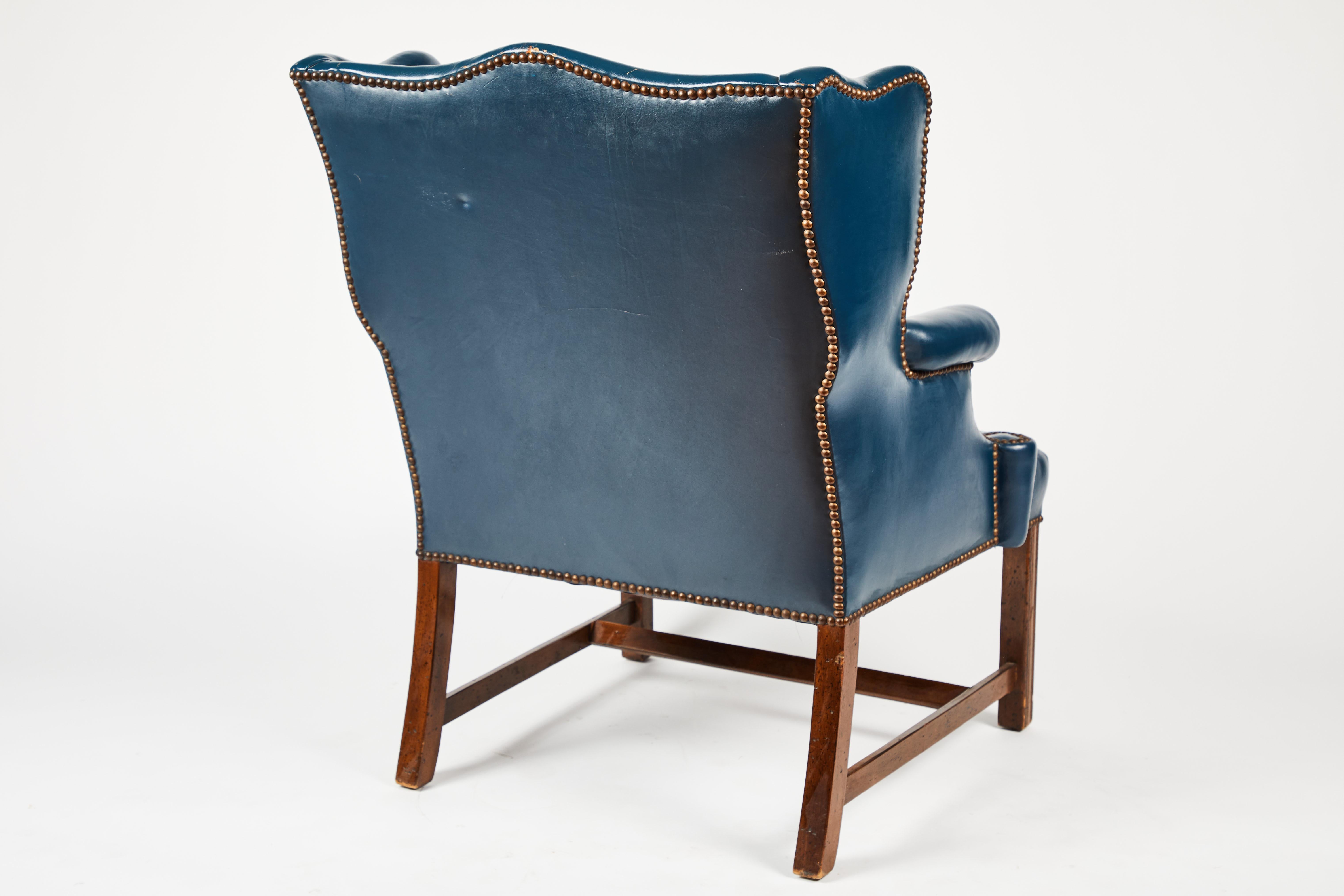 American Antique Blue Leather Wingback Chair For Sale