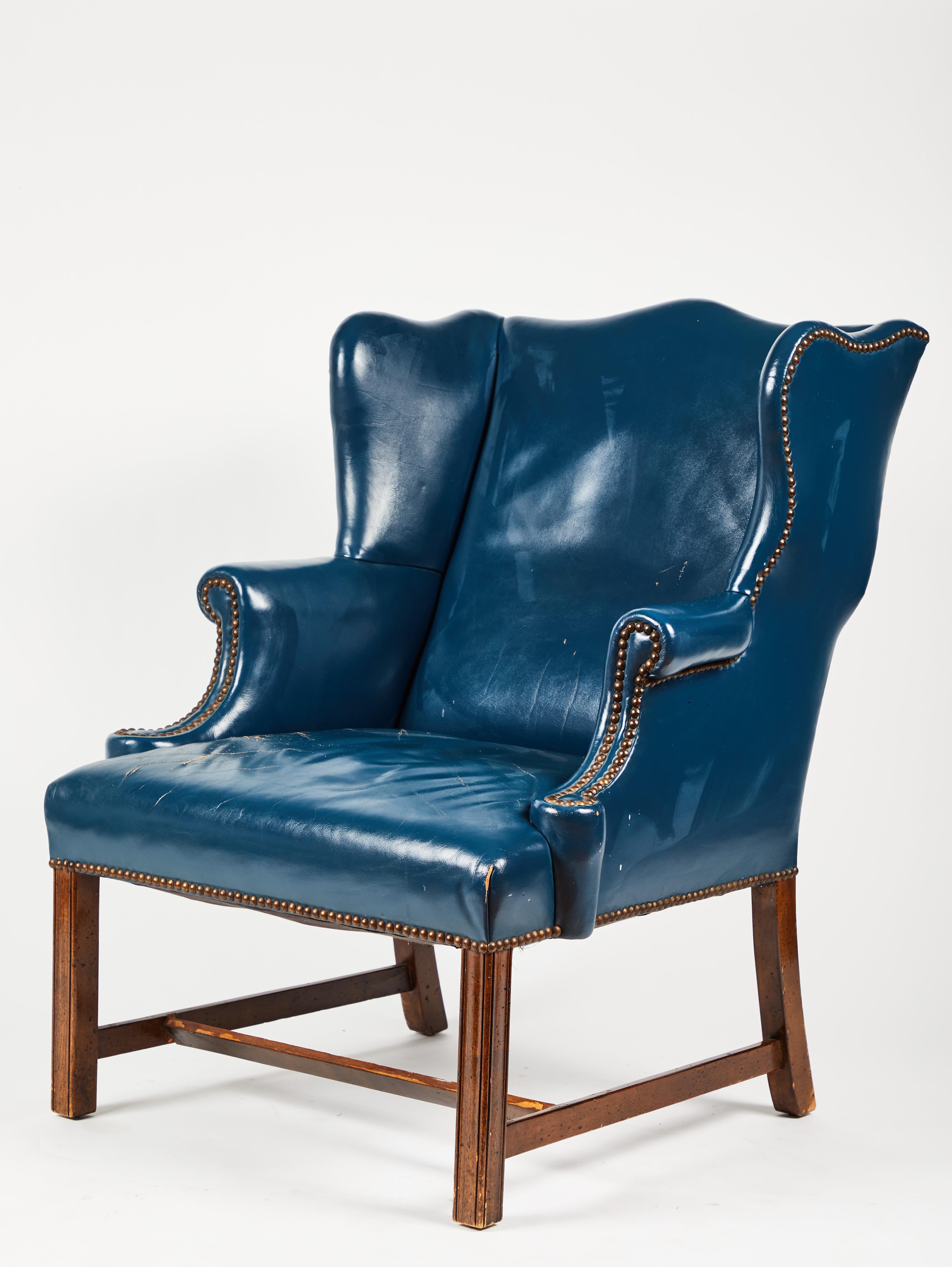 20th Century Antique Blue Leather Wingback Chair For Sale
