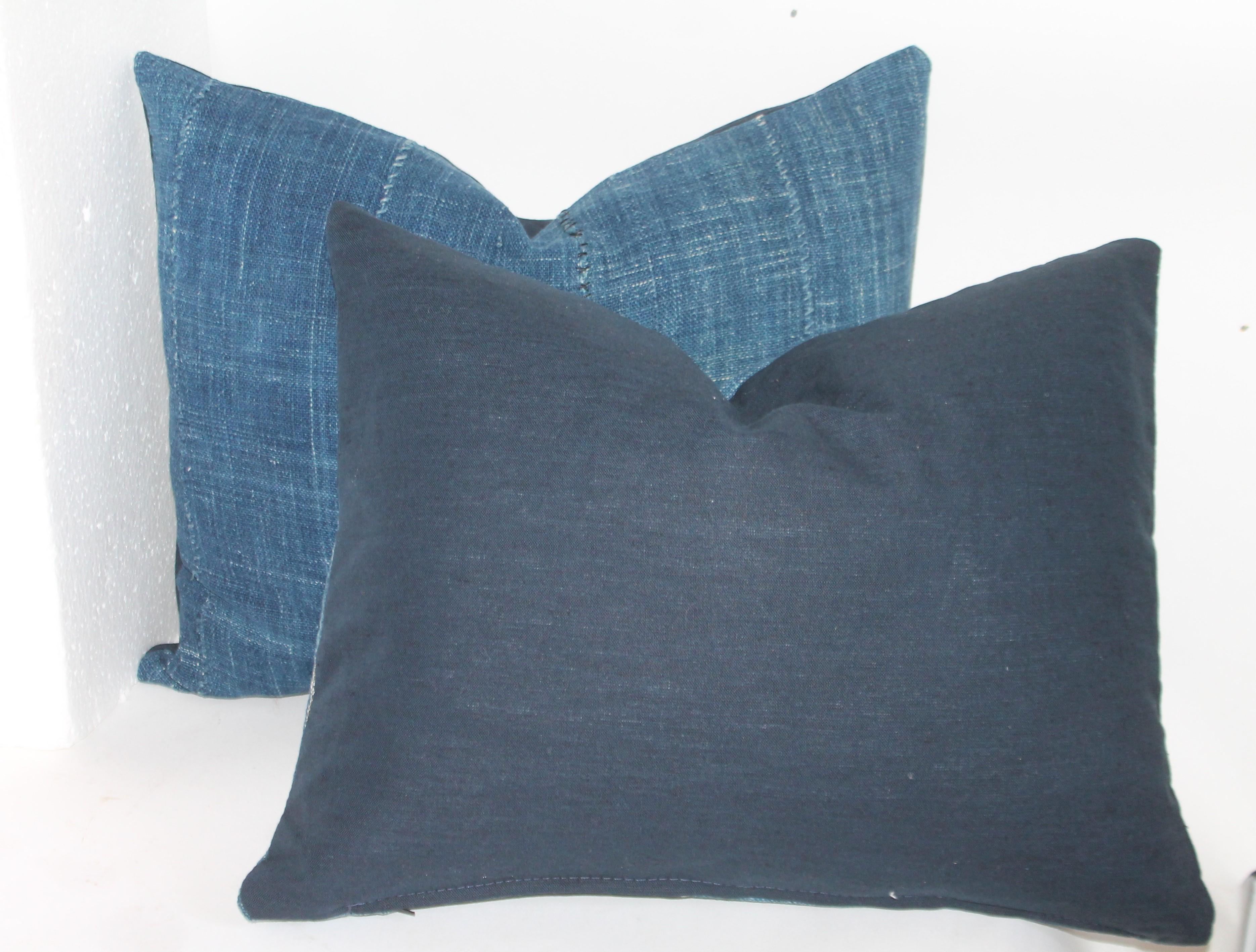 American Antique Blue Linen Homespun Pillows, Pair