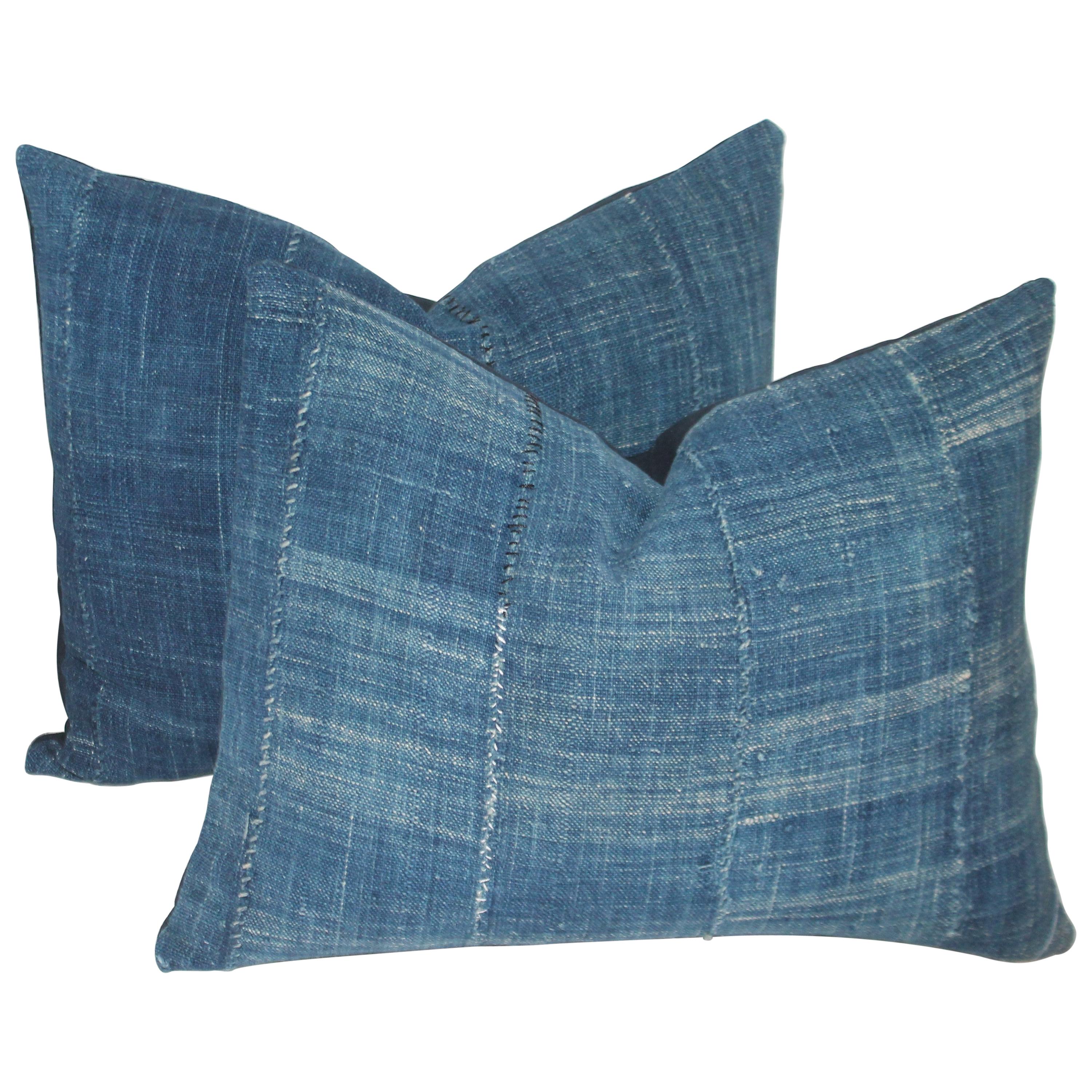 Antique Blue Linen Homespun Pillows, Pair