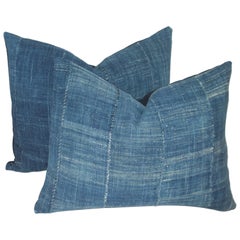 Antique Blue Linen Homespun Pillows, Pair Antique Blue Linen Homespun Pillows, Pair