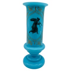 Antique Blue Opaline Bristol Etched Glass Vase W/ Etched Roman Goddess