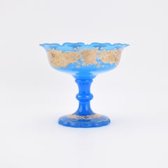 Antique Blue Opaline Enameled Glass Tazza Bowl Centerpiece, 19th Century