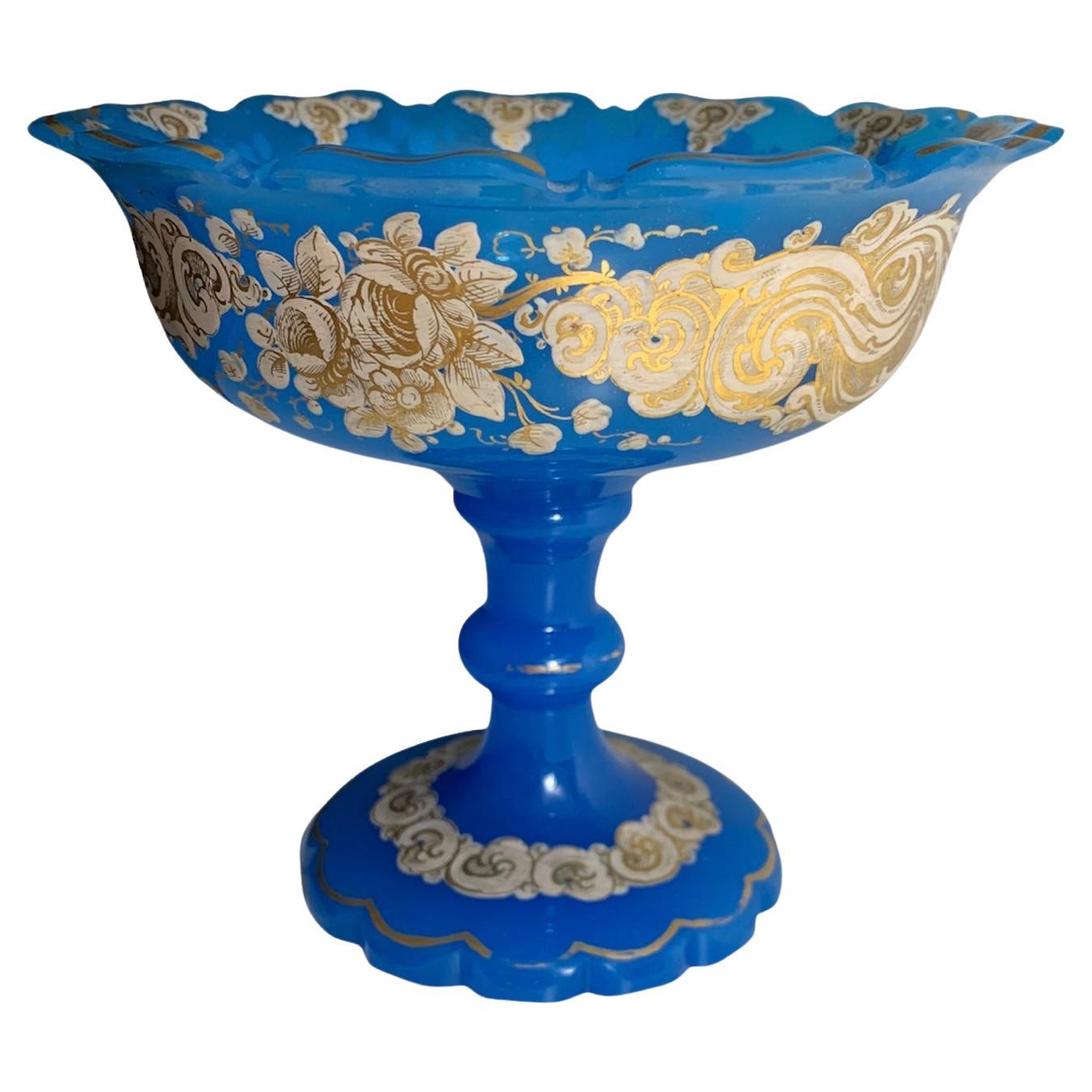 Antique Blue Opaline Enameled Glass Tazza Bowl, 19th Century
