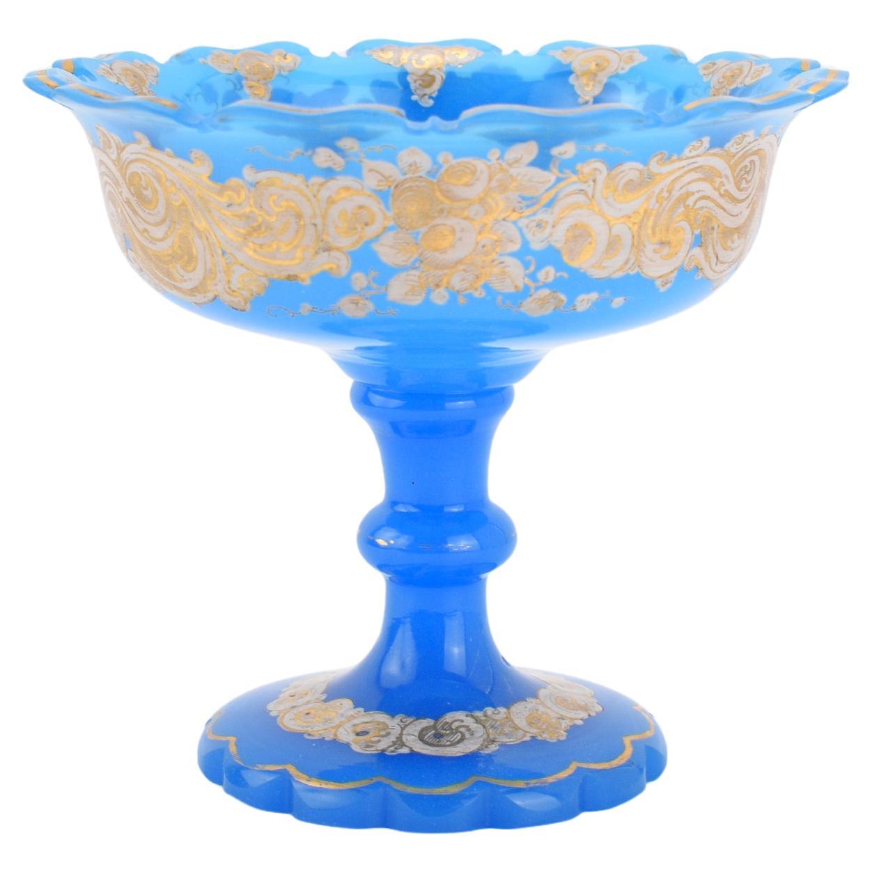 Antico centrotavola Tazza in vetro smaltato blu opalino, XIX secolo