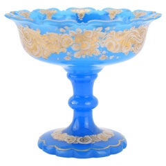 Antico centrotavola Tazza in vetro smaltato blu opalino, XIX secolo