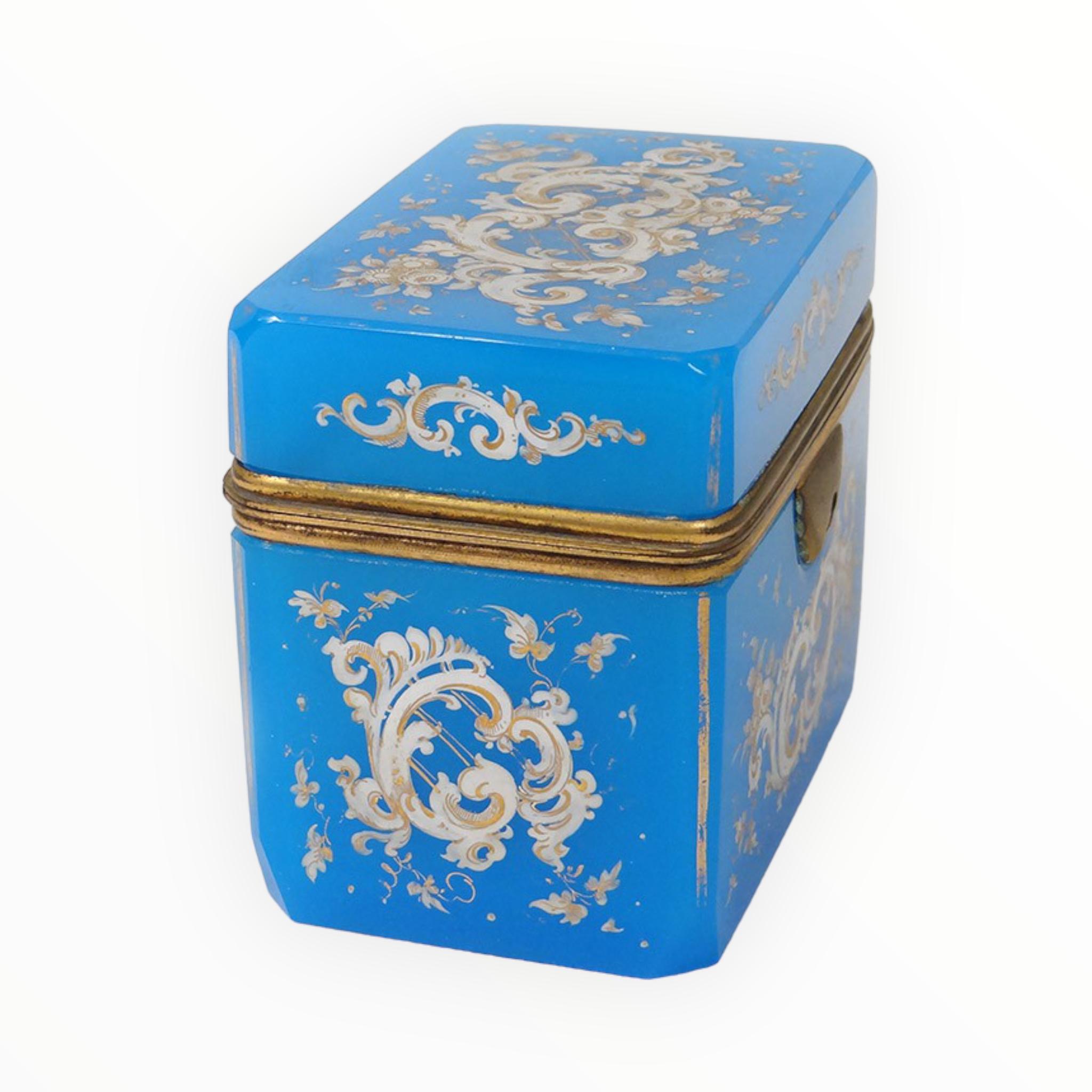 Enameled Antique Blue Opaline Enamelled Gilt Glass Casket Box, Charles X, 19th Century