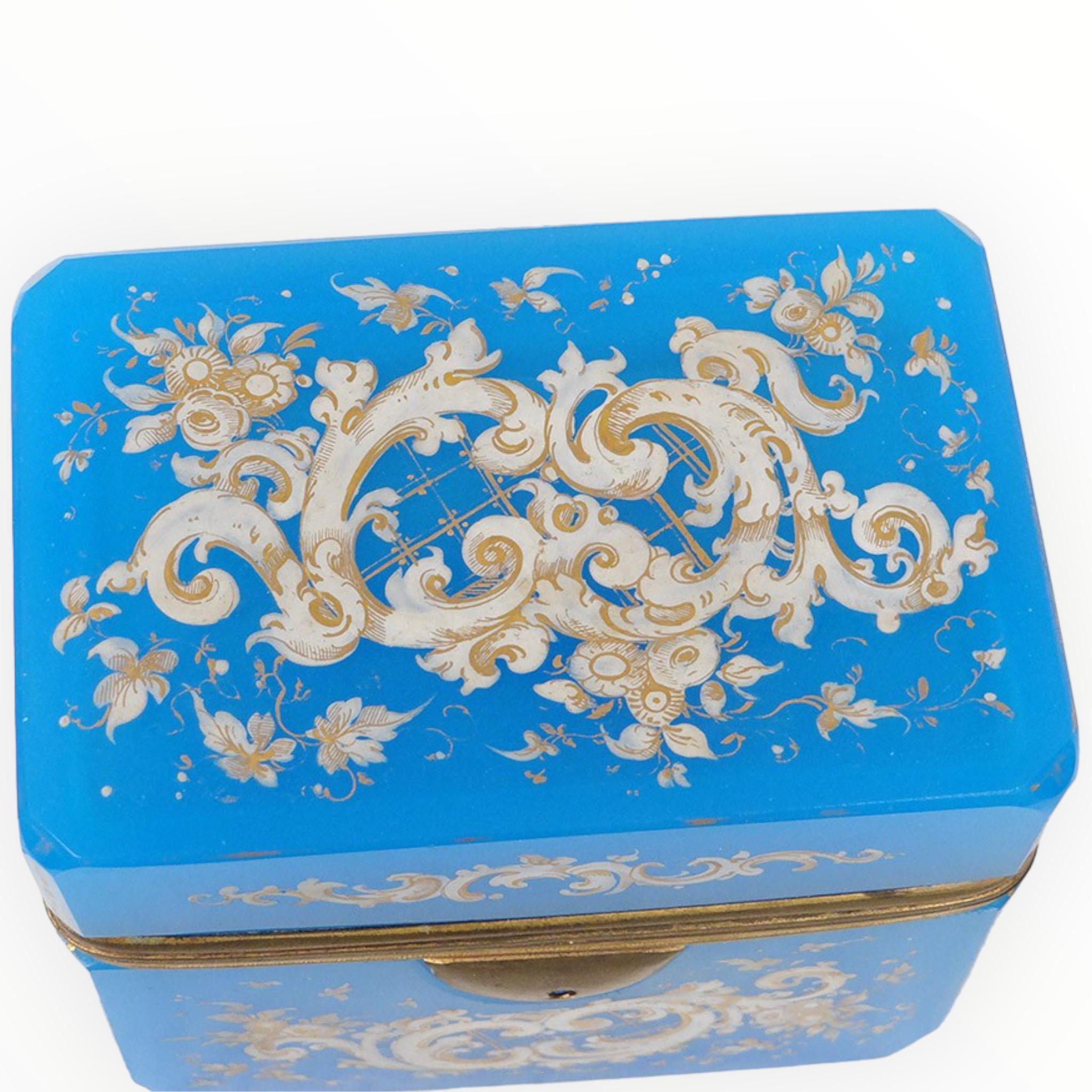 Antique Blue Opaline Enamelled Gilt Glass Casket Box, Charles X, 19th Century In Good Condition In Rostock, MV