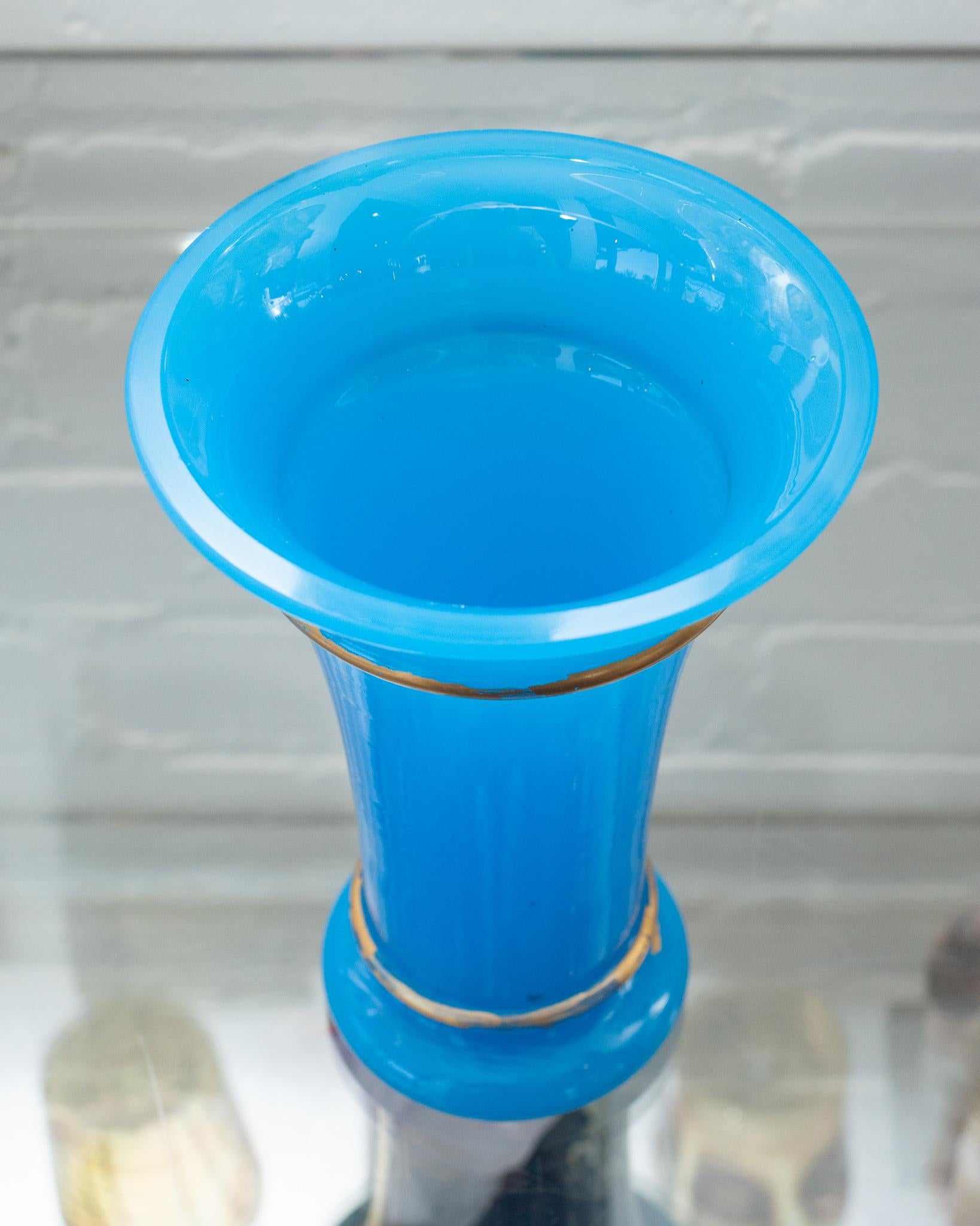 Gilt Antique Blue Opaline Flared Vase with Gilded Detail For Sale