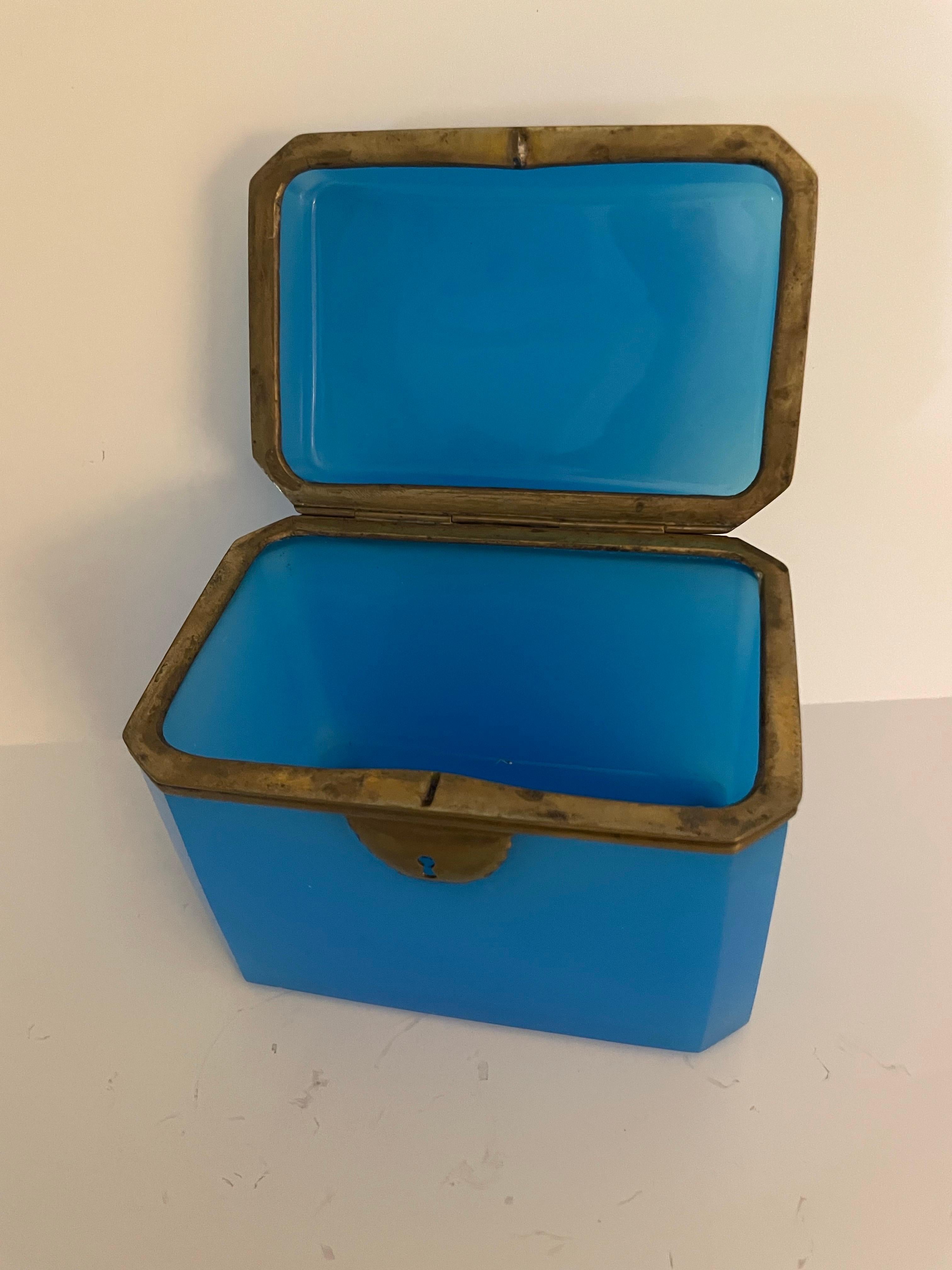 Antique French Blue Opaline Glass Dresser Box For Sale 2