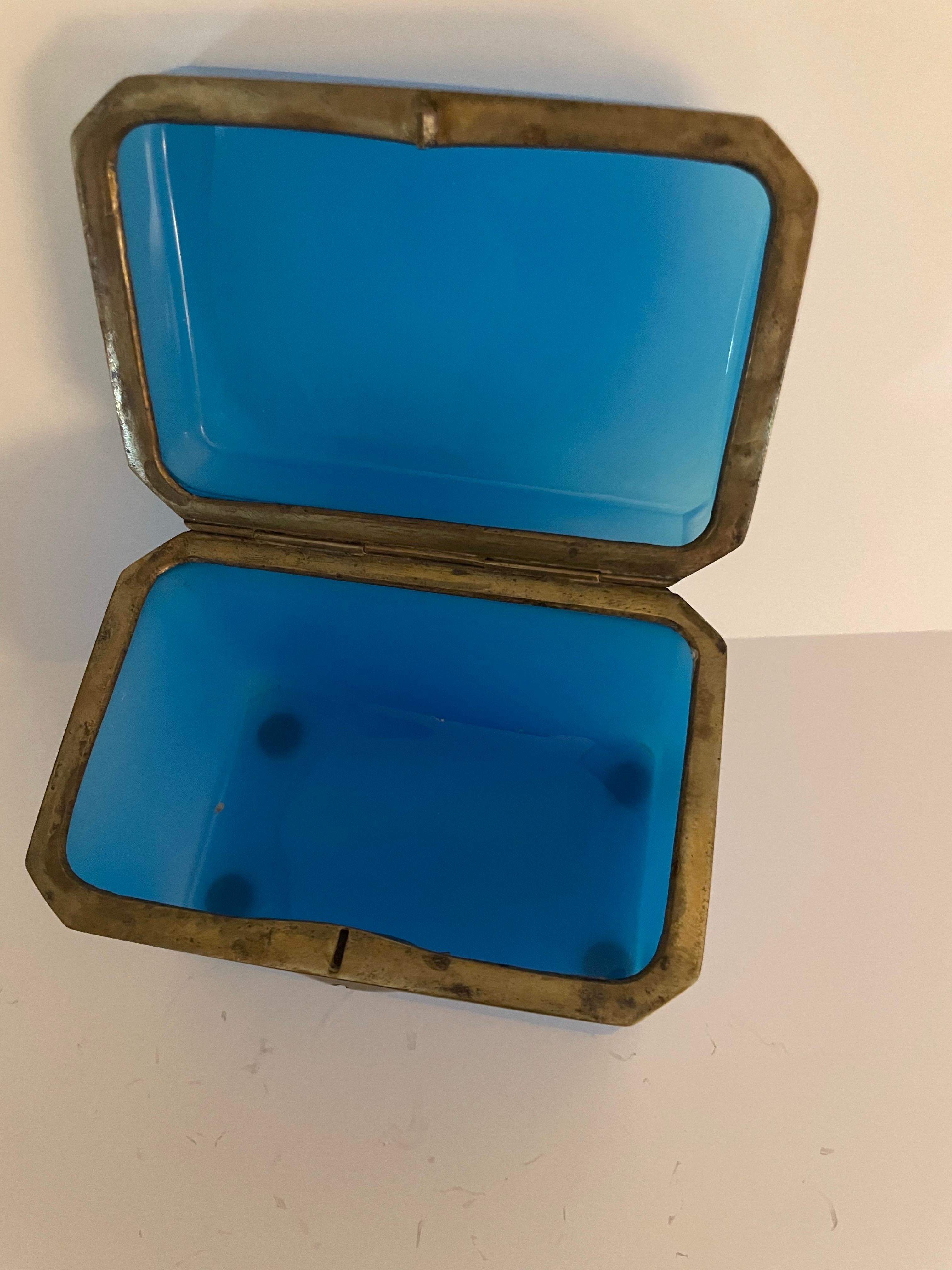 Antique French Blue Opaline Glass Dresser Box For Sale 3