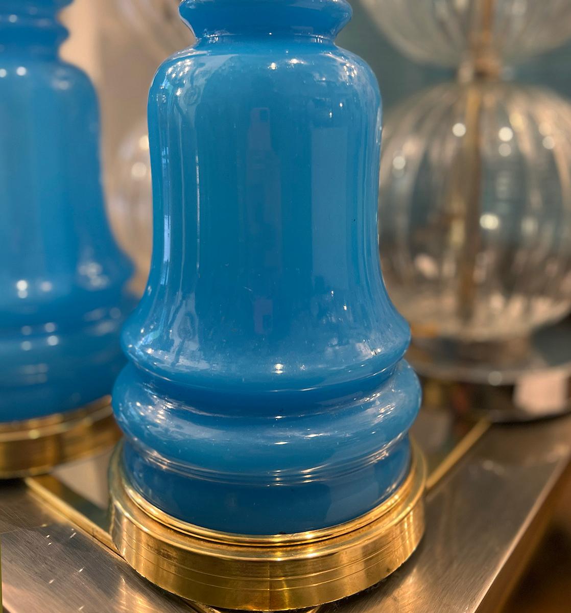 French Antique Blue Opaline Glass Lamps For Sale