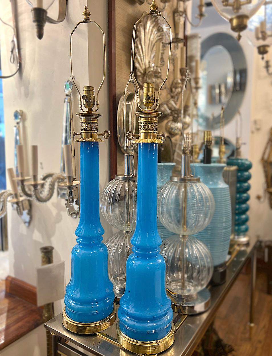 Gilt Antique Blue Opaline Glass Lamps For Sale