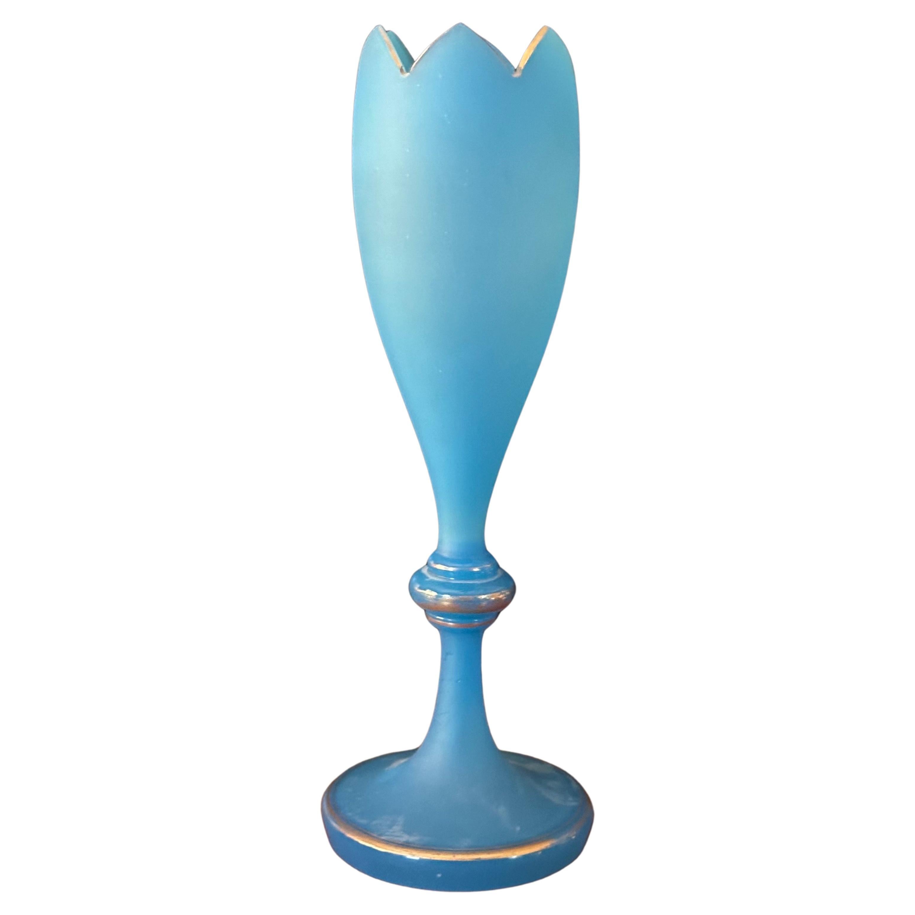 Antique Blue Opaline Glass Vase with Gold Decor For Sale 4