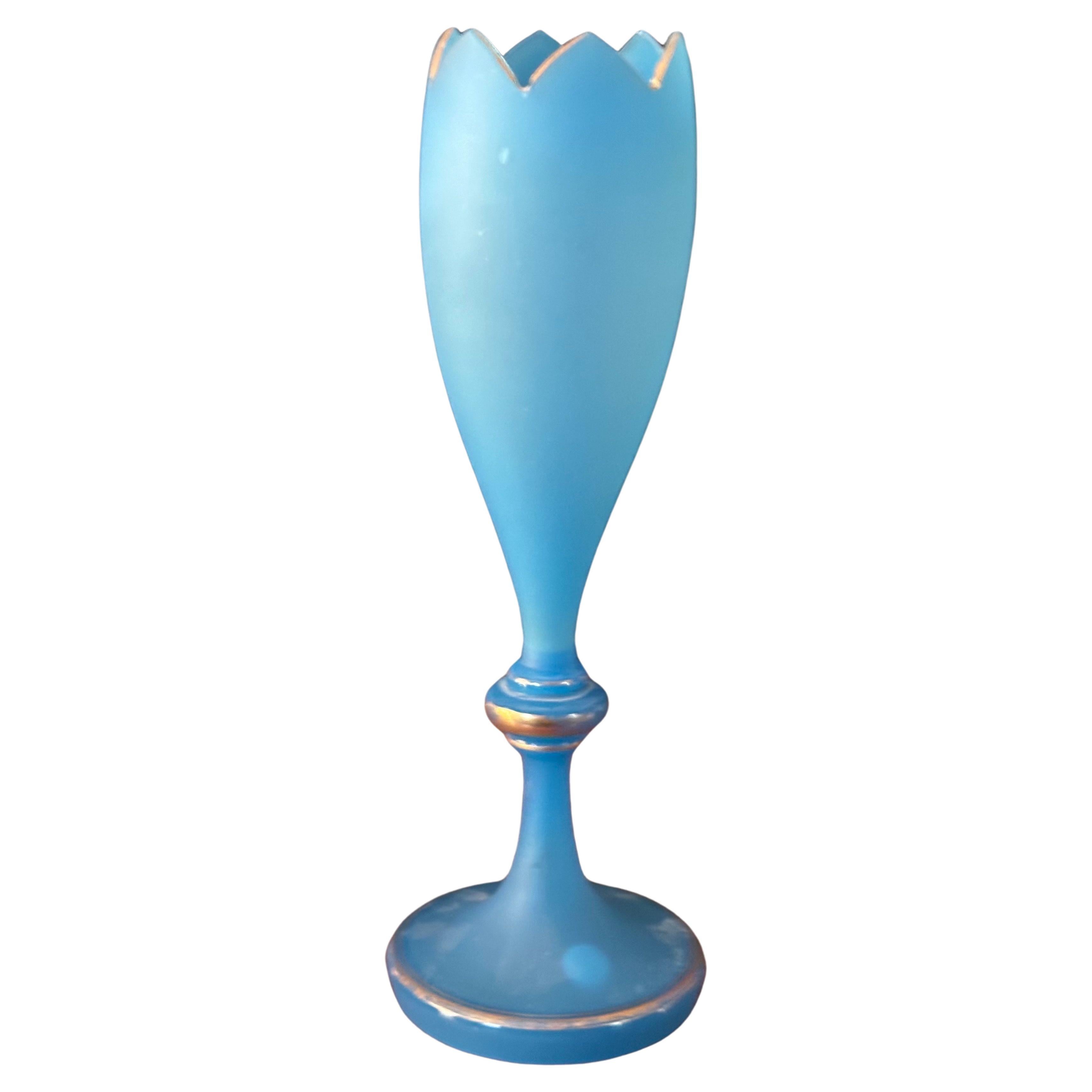 Beautiful antique blue opaline glass vase with gold decor, circa 1930s.  The vase is in very good vintage condition with no chips or cracks and measures 3.5