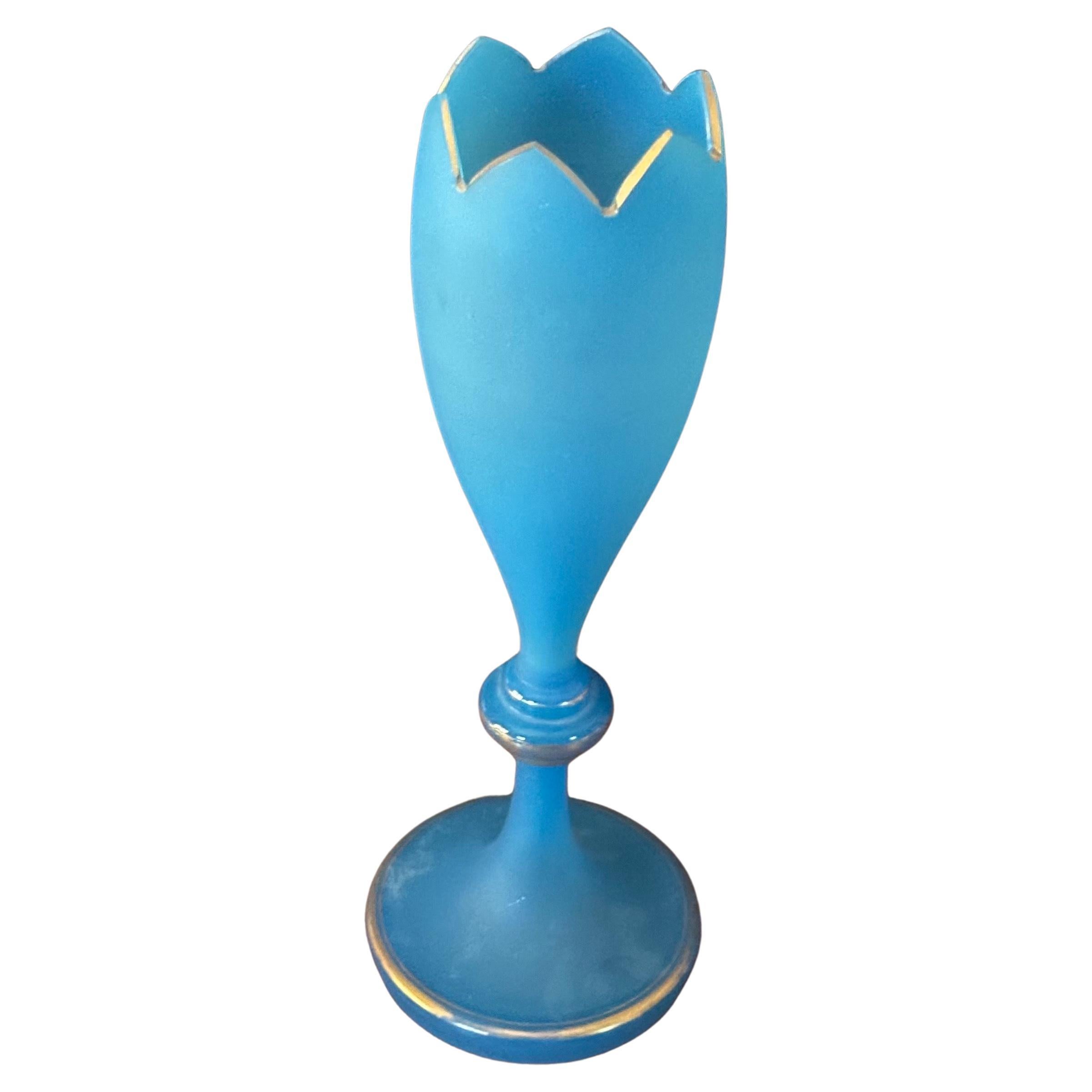 Art Deco Antique Blue Opaline Glass Vase with Gold Decor For Sale